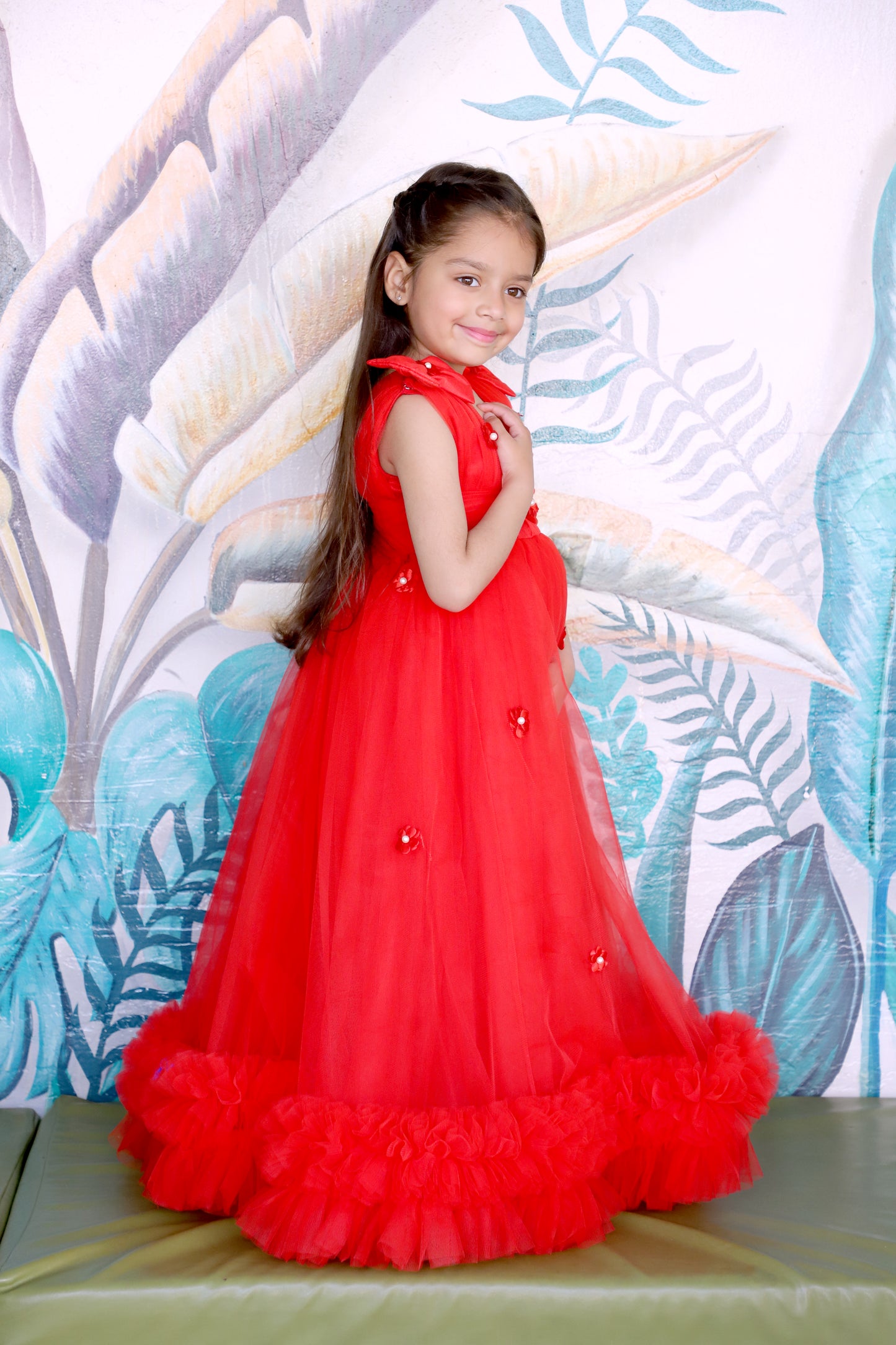 Girls Shoulder Strap Embellished Fit and Flare Red Floral Gown