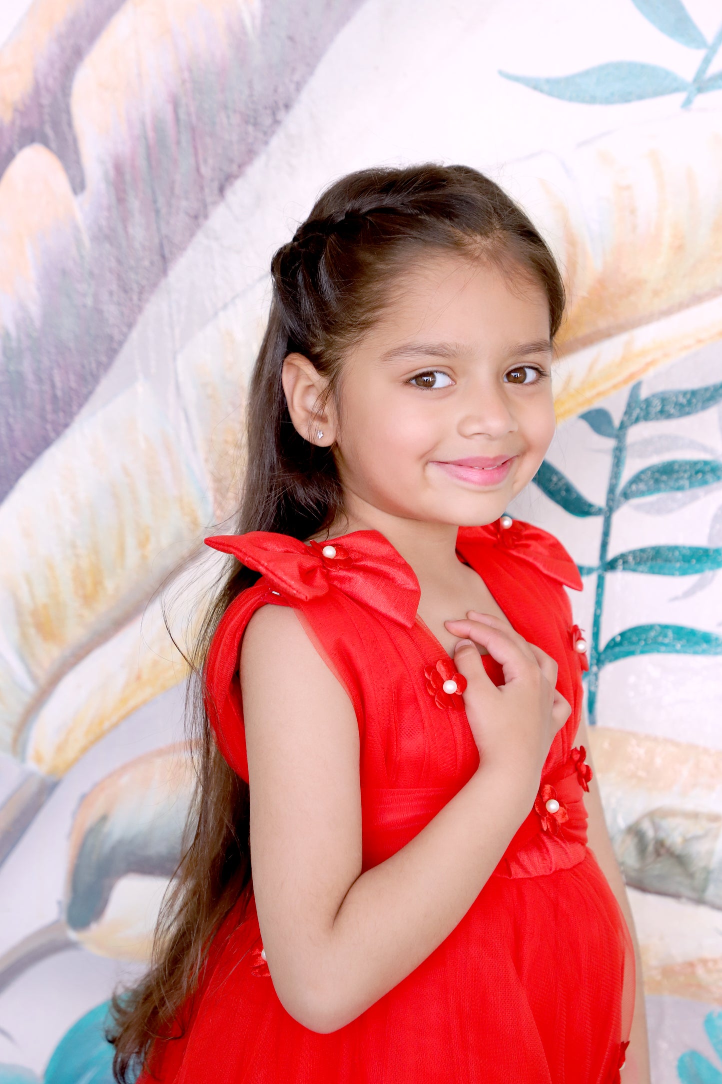 Girls Shoulder Strap Embellished Fit and Flare Red Floral Gown