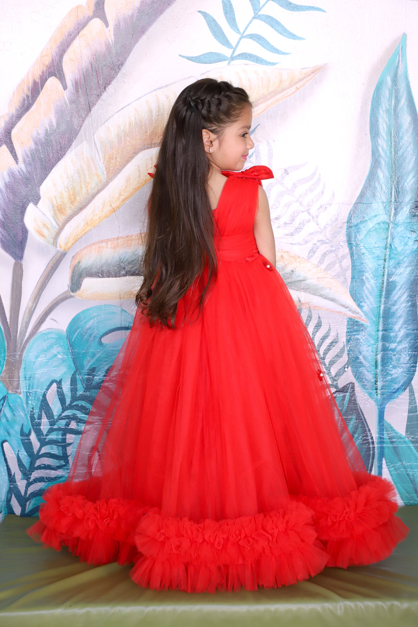 Girls Shoulder Strap Embellished Fit and Flare Red Floral Gown