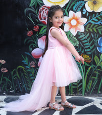 Girls Pink Bow Fit and Flare Dress with Detachable Trail