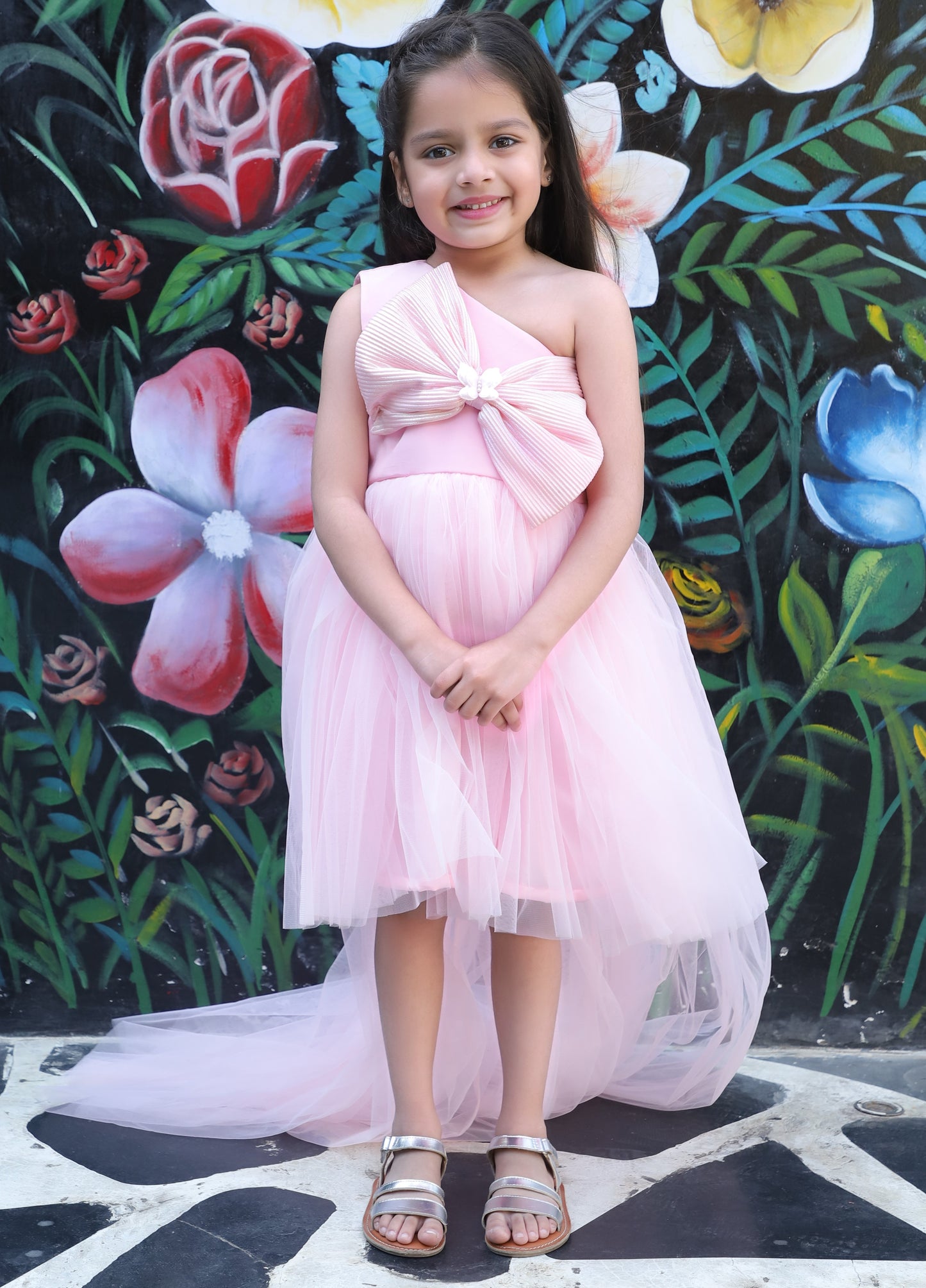 Girls Pink Bow Fit and Flare Dress with Detachable Trail