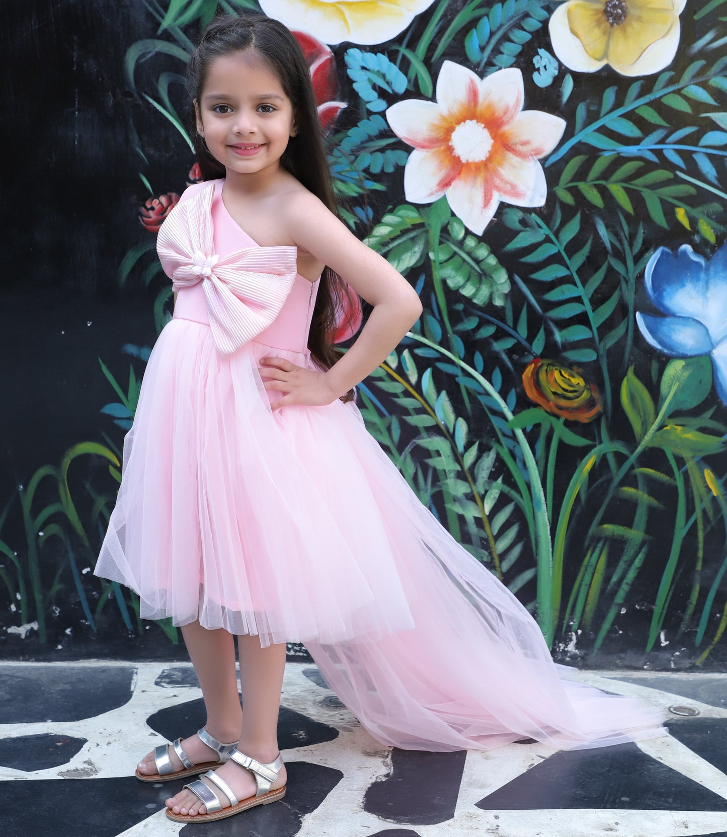 Girls Pink Bow Fit and Flare Dress with Detachable Trail