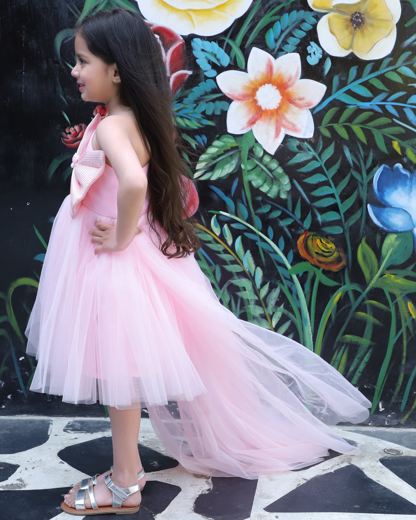 Girls Pink Bow Fit and Flare Dress with Detachable Trail