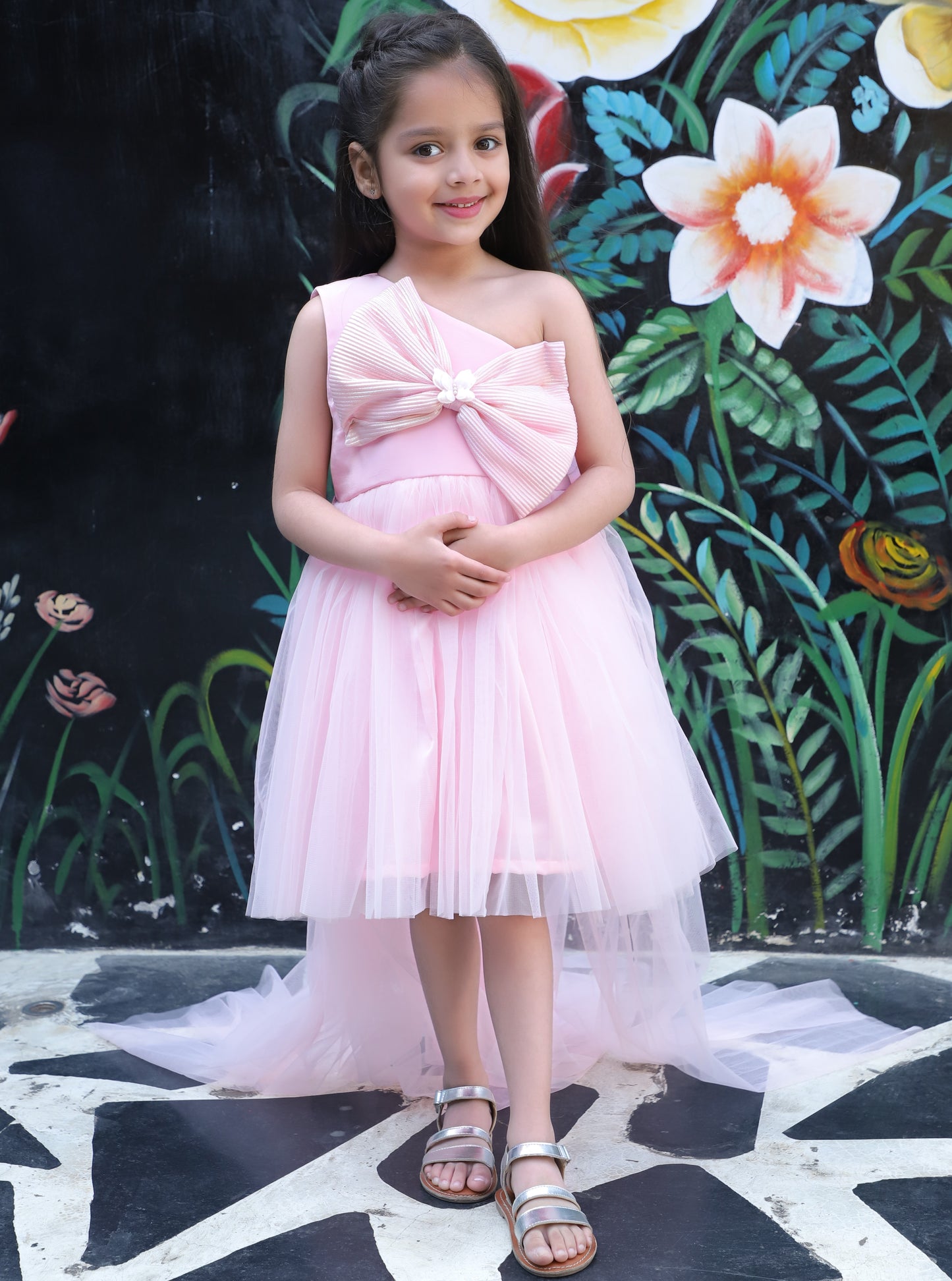 Girls Pink Bow Fit and Flare Dress with Detachable Trail