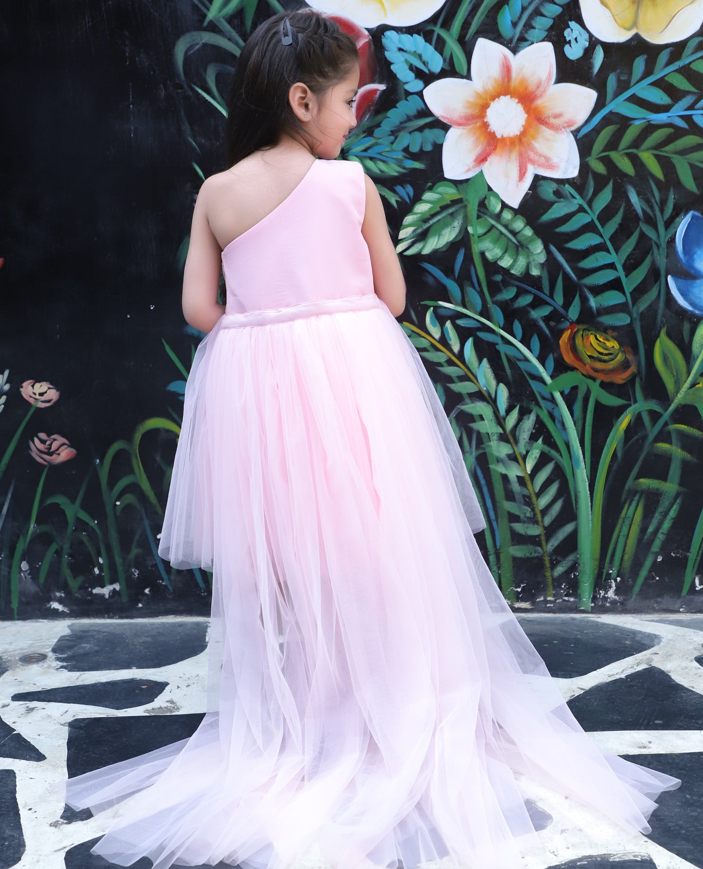 Girls Pink Bow Fit and Flare Dress with Detachable Trail