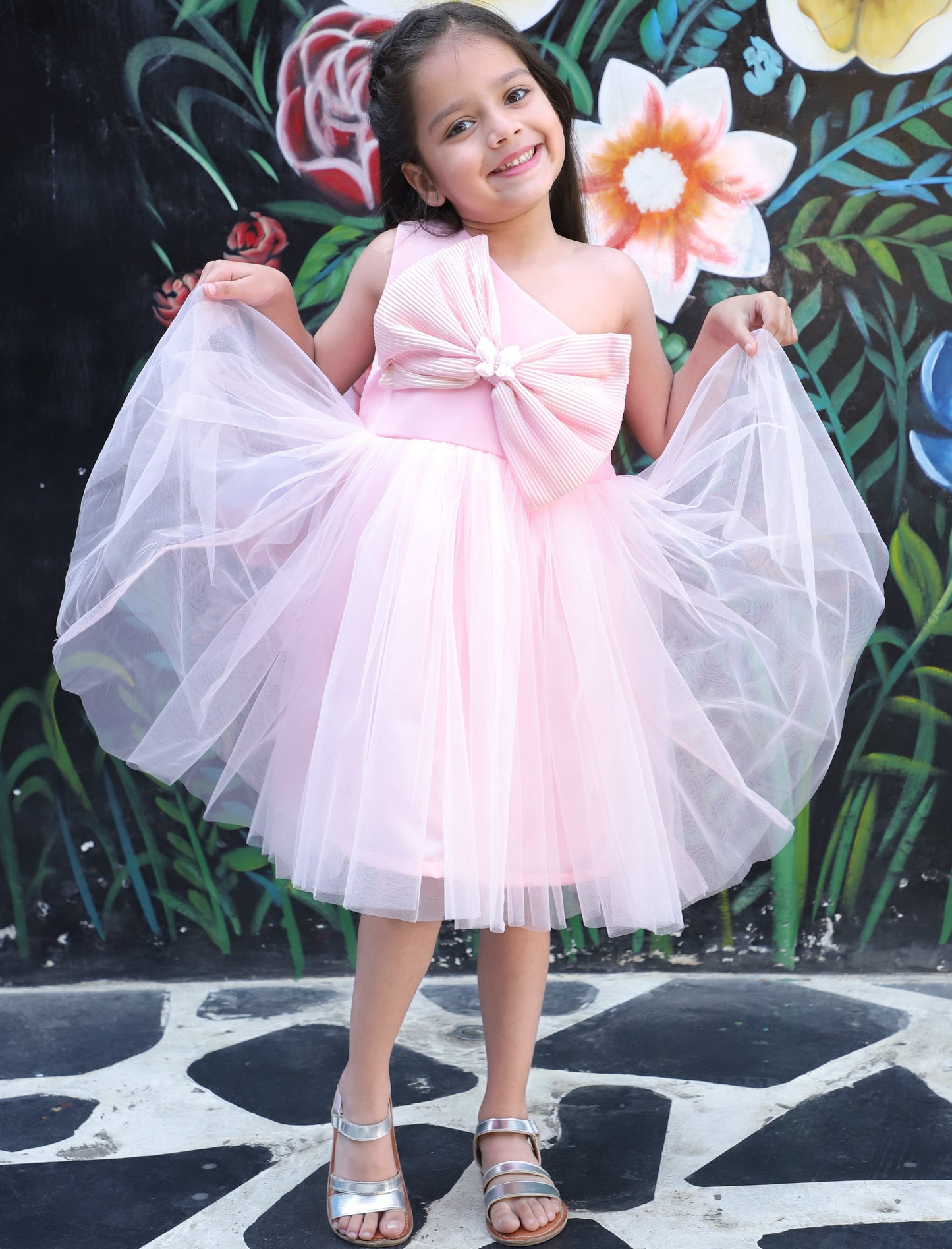 Girls Pink Bow Fit and Flare Dress with Detachable Trail