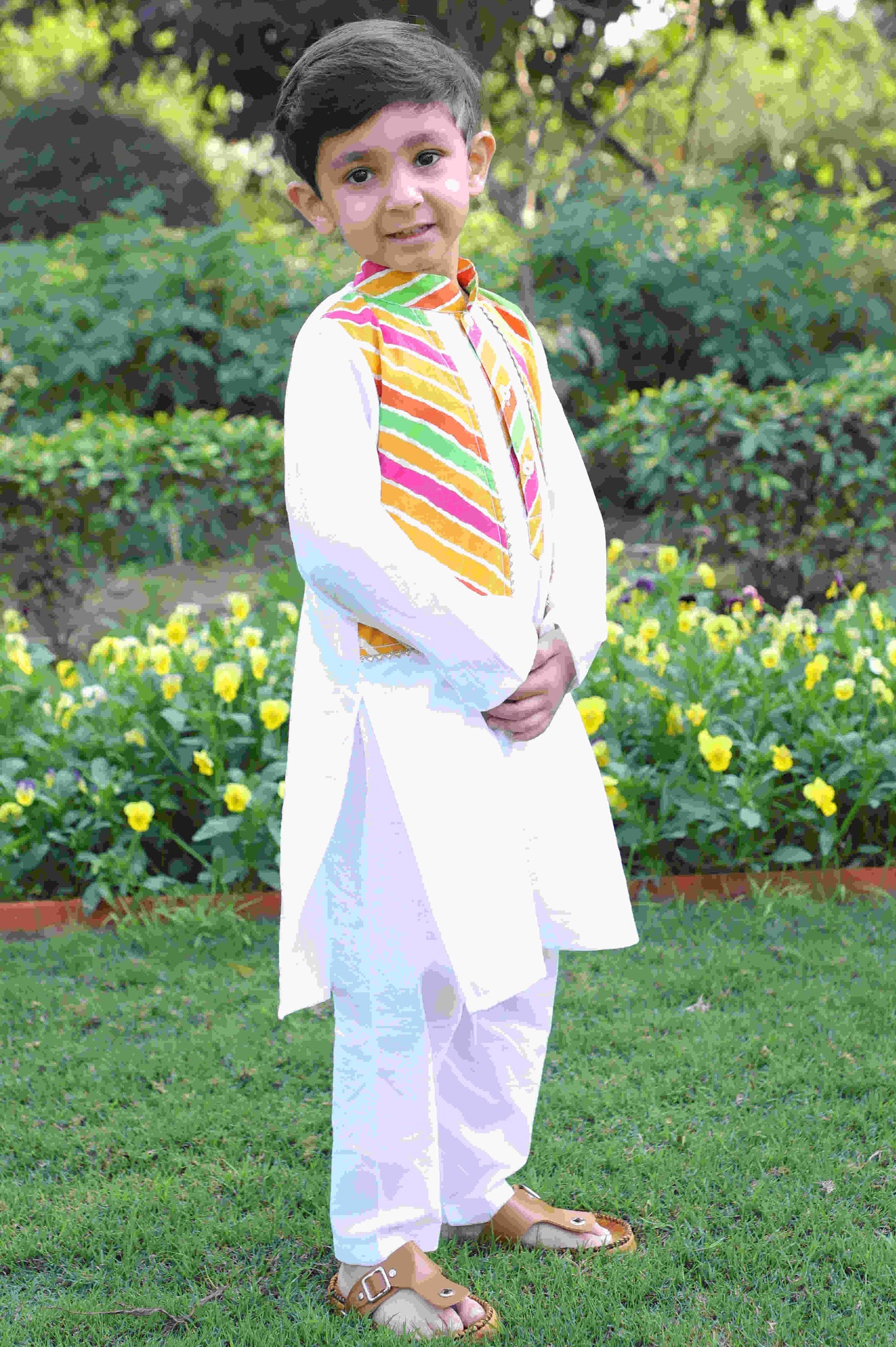 Boys Pure Cotton Kurta Set with Multi-Color Striped Jacket