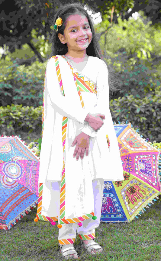 Girls Pure Cotton White Striped Angrakha Kurta Set with Pant & Dupatta