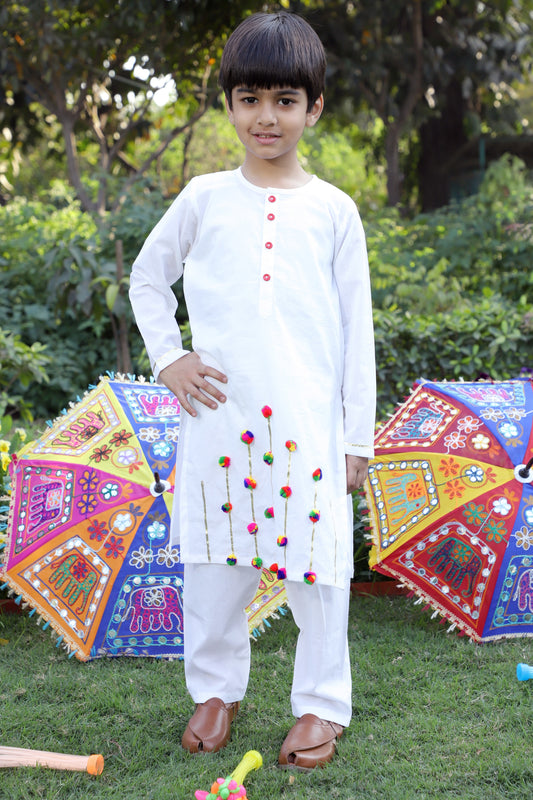 Boys Pure Cotton White Embellished Kurta Set