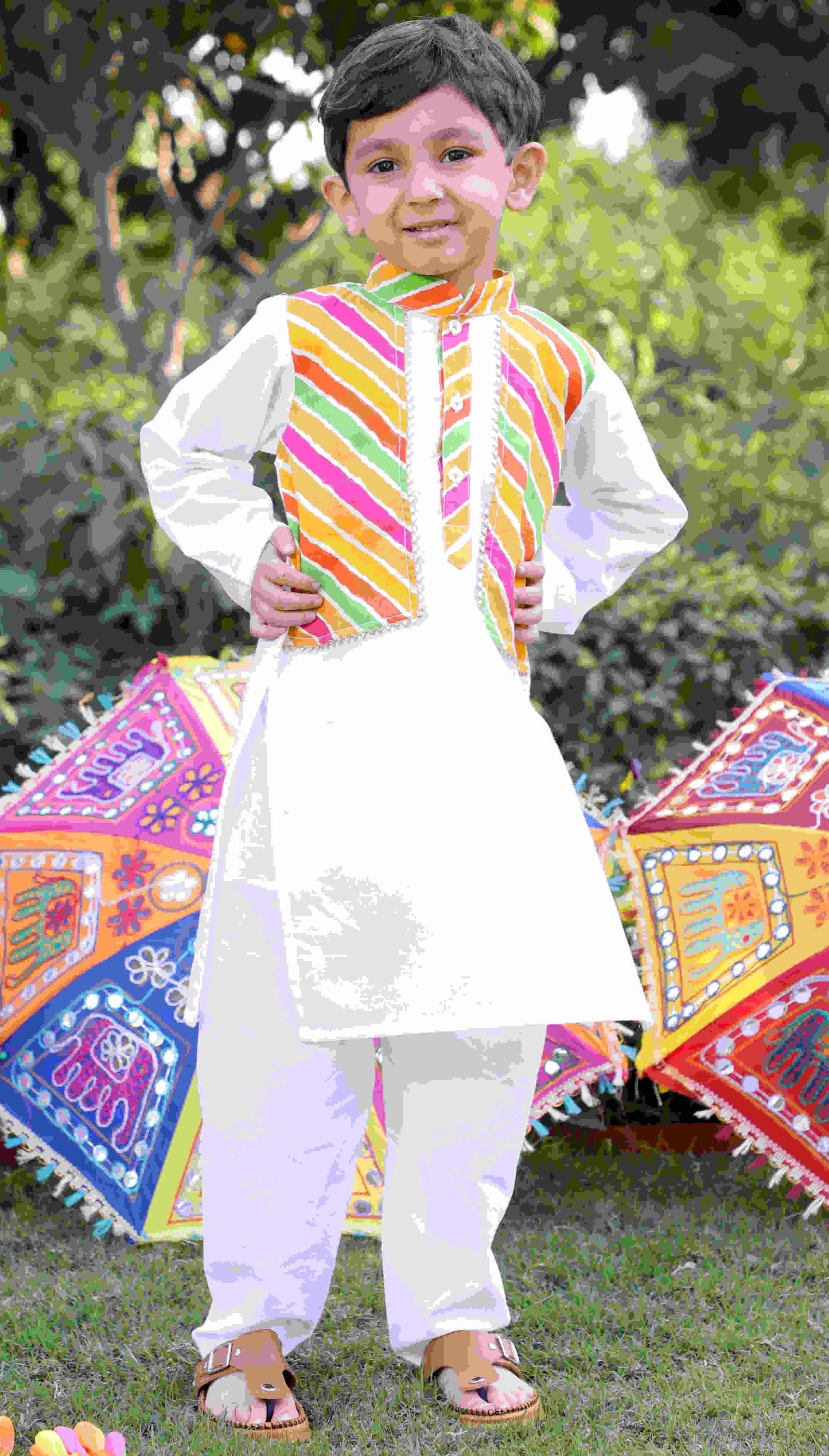 Boys Pure Cotton Kurta Set with Multi-Color Striped Jacket