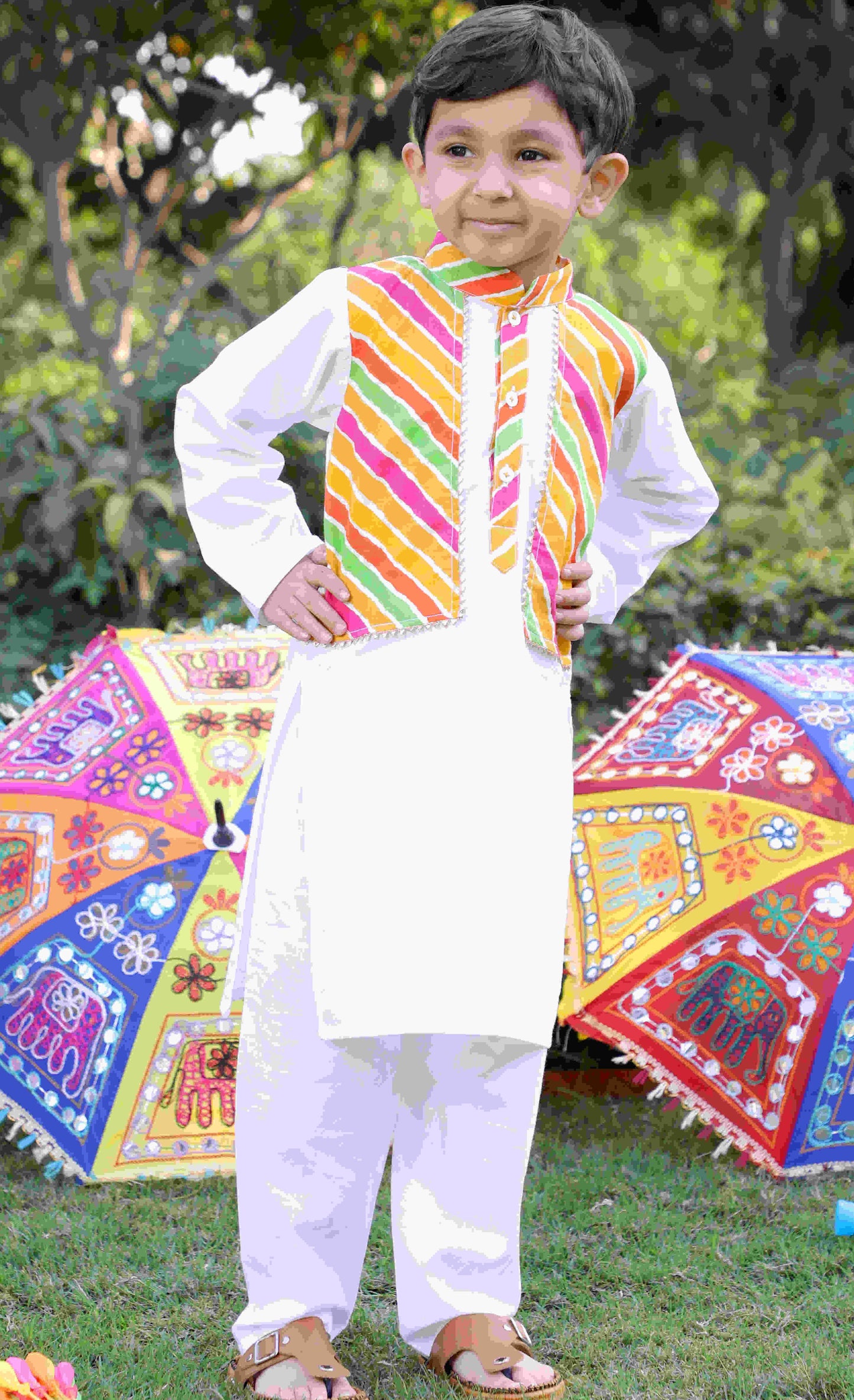Boys Pure Cotton Kurta Set with Multi-Color Striped Jacket