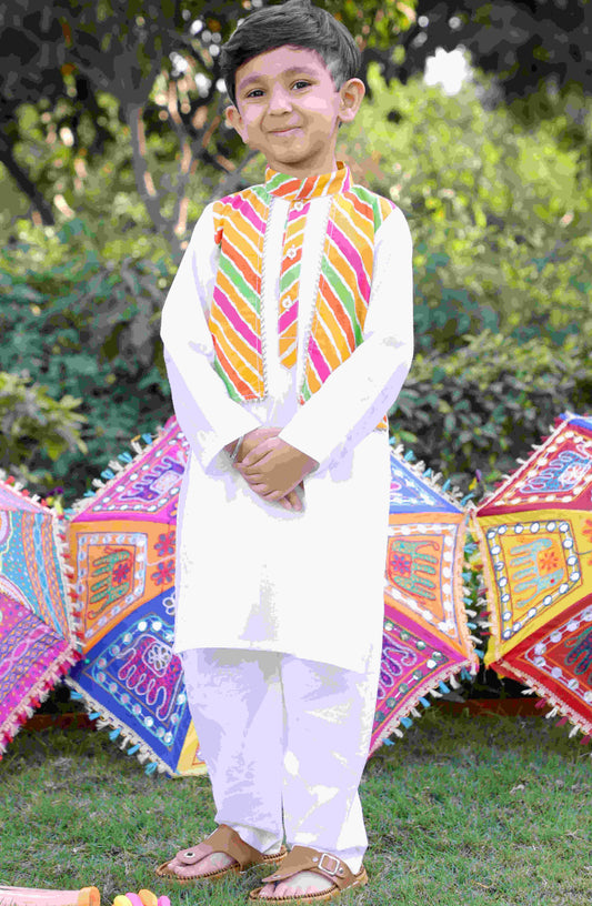 Boys Pure Cotton Kurta Set with Multi-Color Striped Jacket