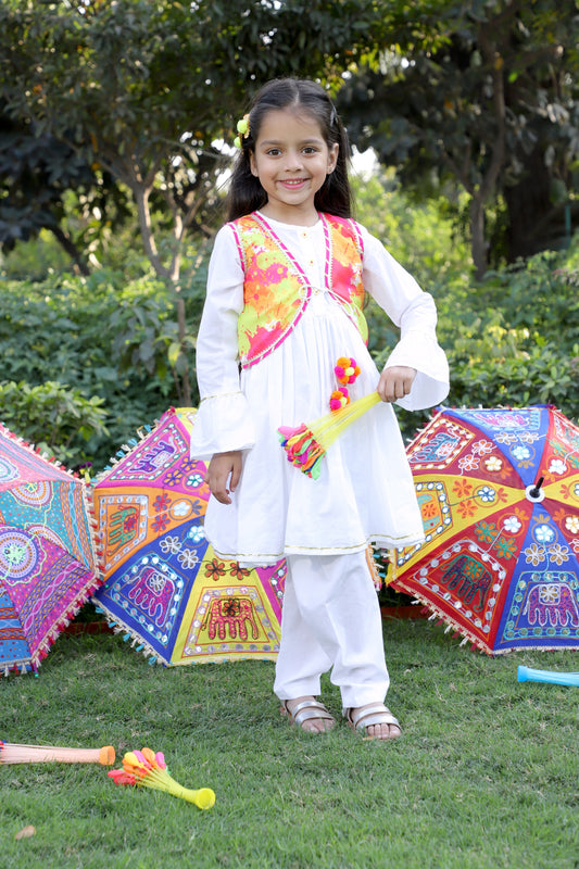 Girls White Gathered Kurta with Embellished Choli & Pant Set