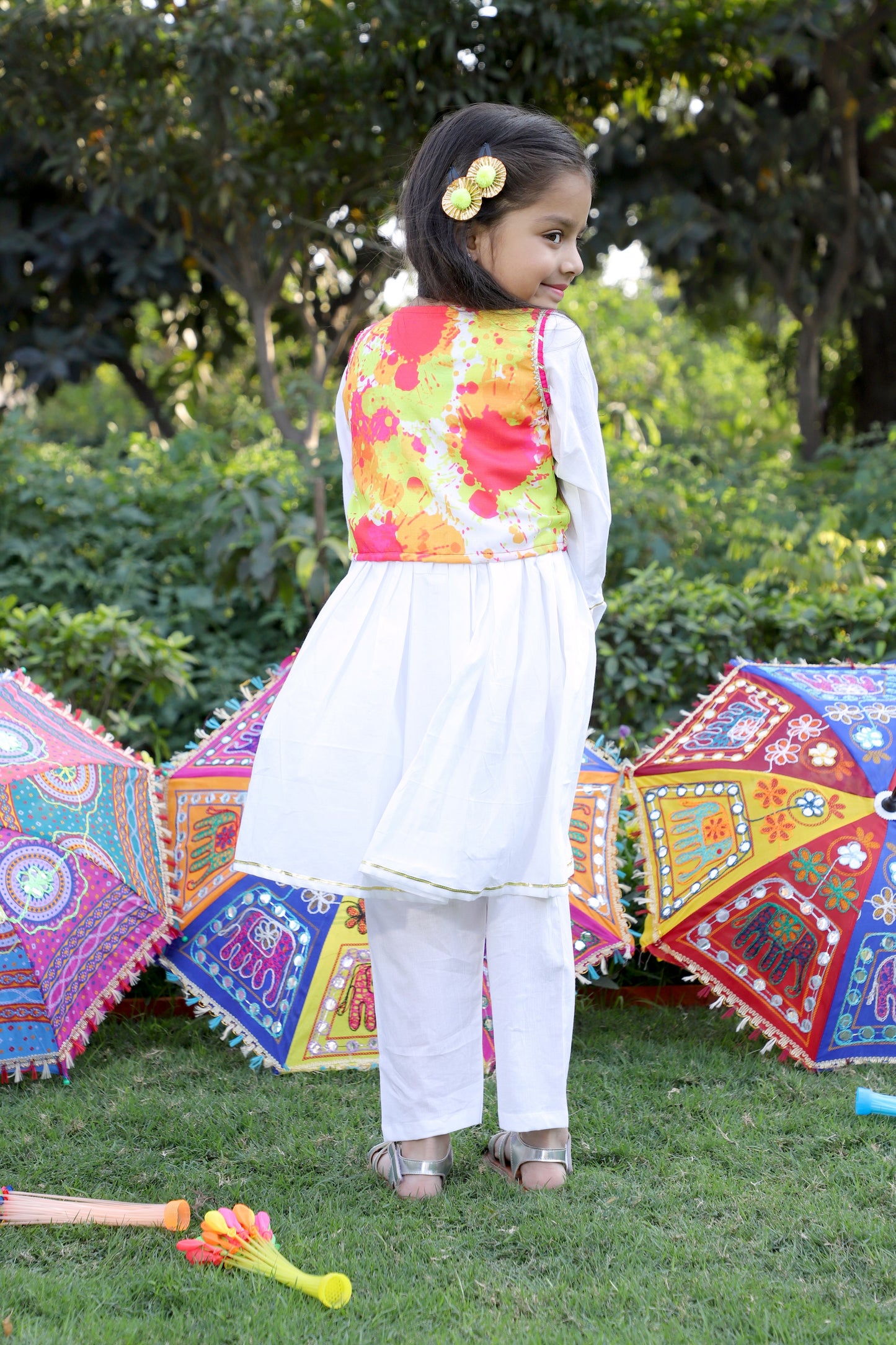 Girls White Gathered Kurta with Embellished Choli & Pant Set