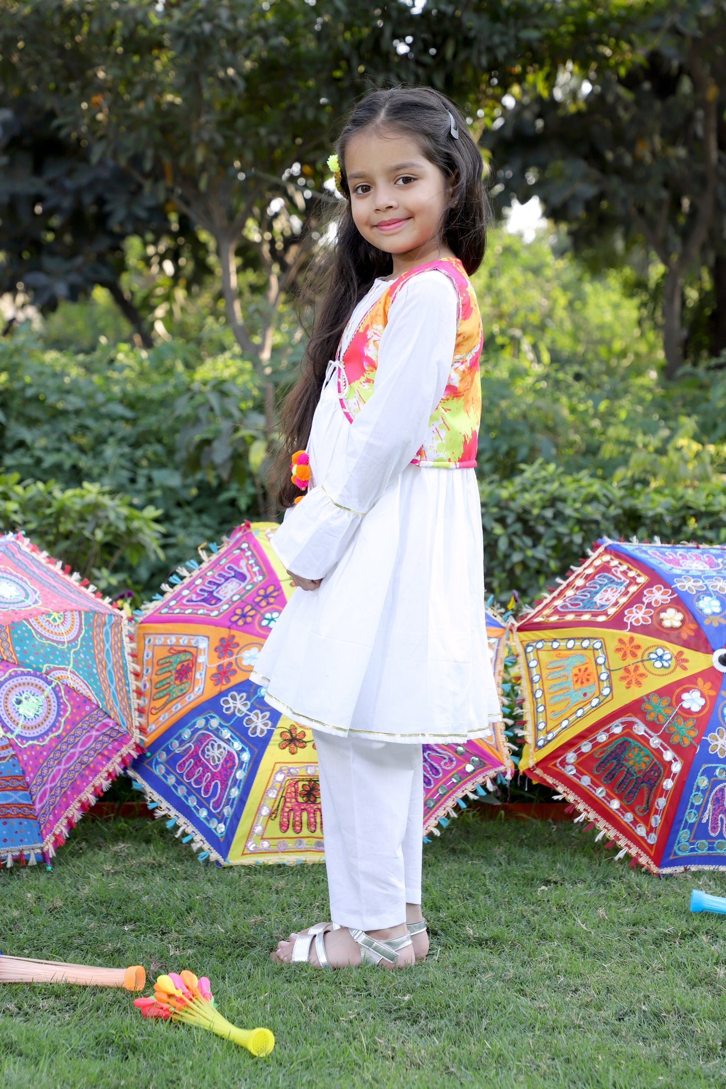 Girls White Gathered Kurta with Embellished Choli & Pant Set