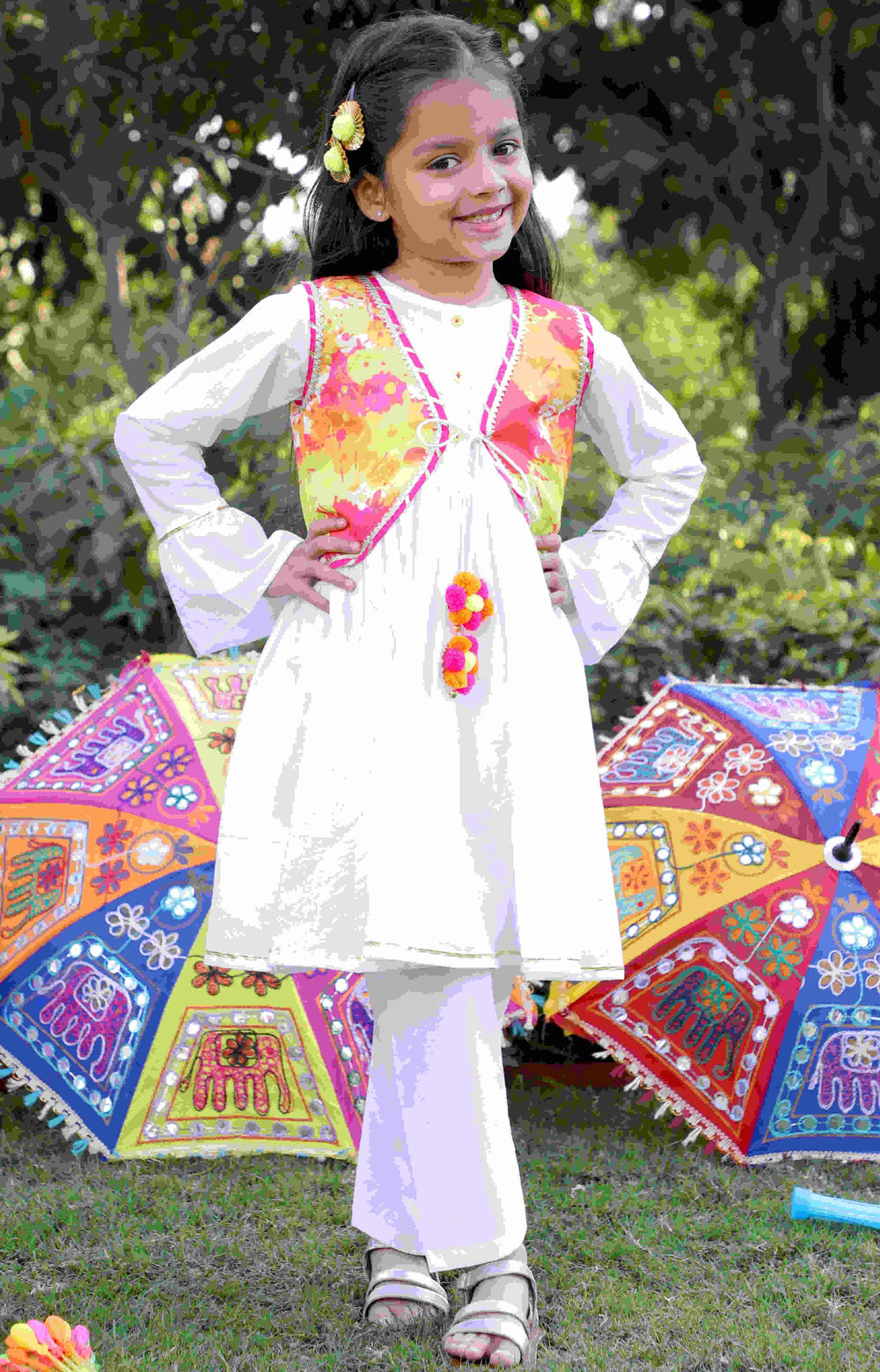 Girls White Gathered Kurta with Embellished Choli & Pant Set
