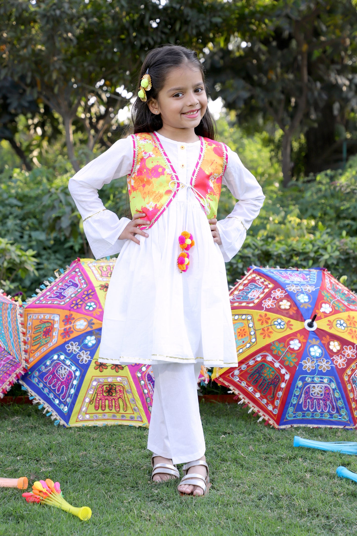 Girls White Gathered Kurta with Embellished Choli & Pant Set