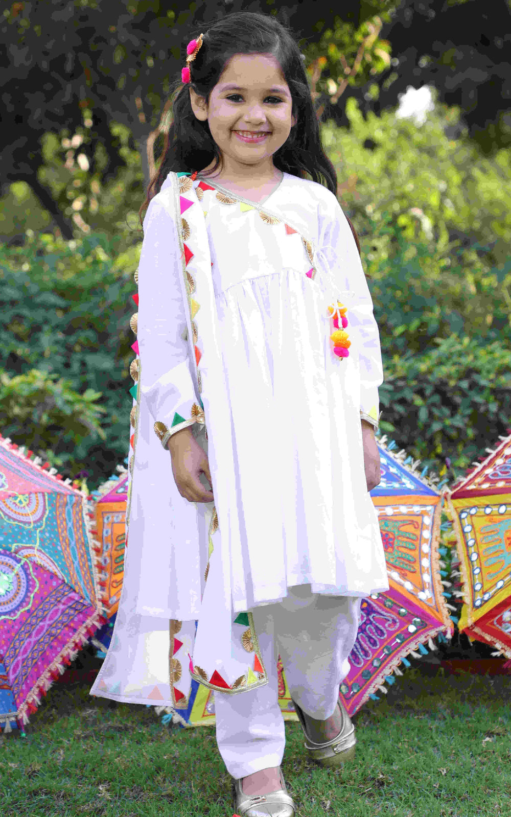 Girls Pure Cotton White Angrakha Kurta Set with Pant & Dupatta