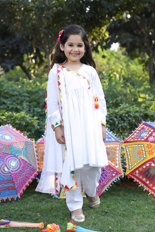 Girls Pure Cotton White Angrakha Kurta Set with Pant & Dupatta