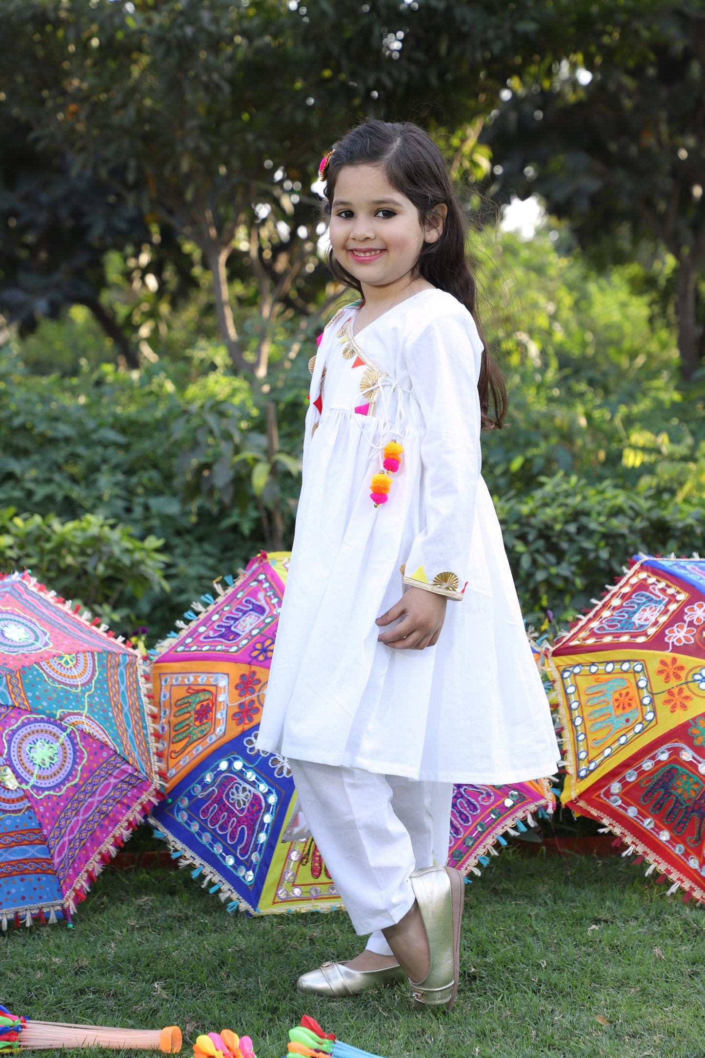 Girls Pure Cotton White Angrakha Kurta Set with Pant & Dupatta