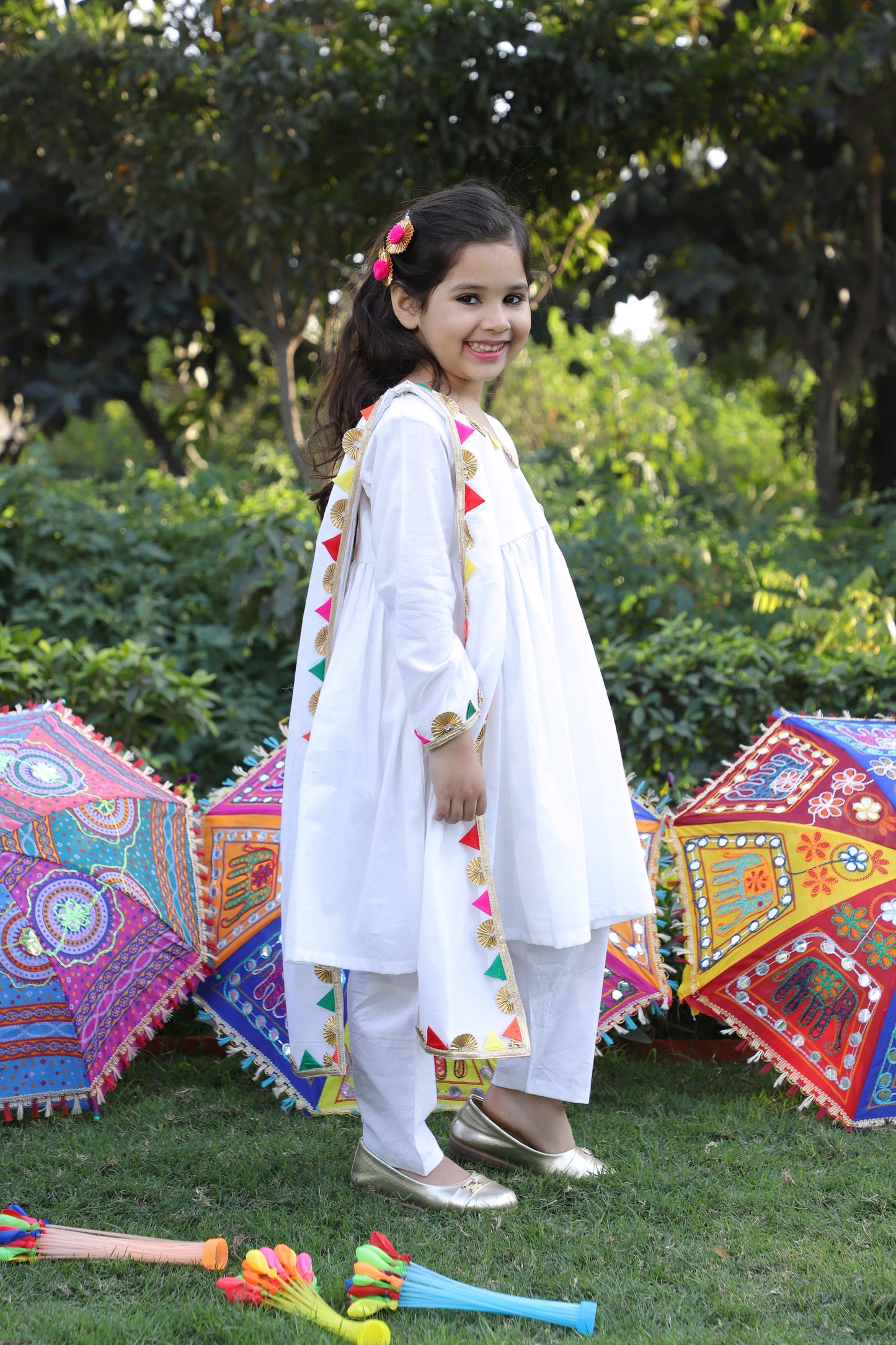 Girls Pure Cotton White Angrakha Kurta Set with Pant & Dupatta