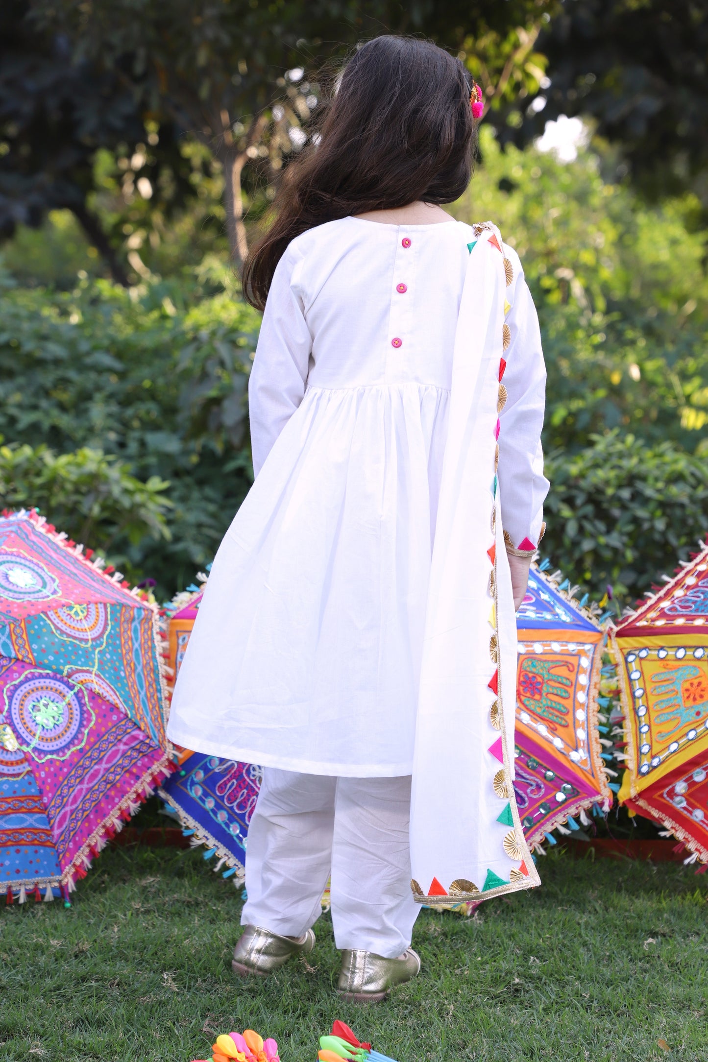 Girls Pure Cotton White Angrakha Kurta Set with Pant & Dupatta