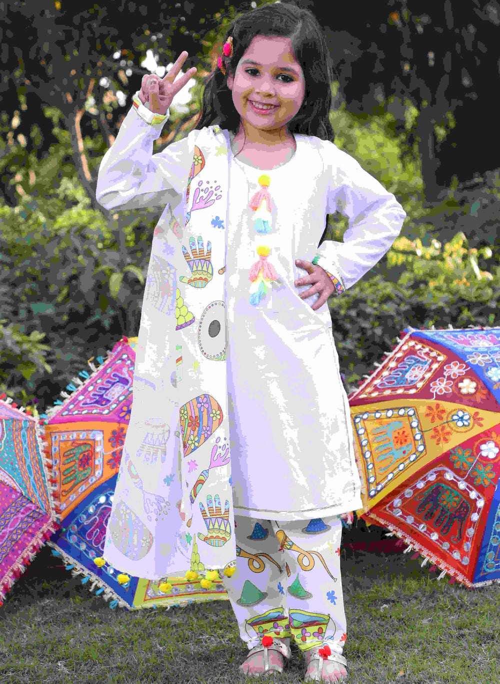 Girls Pure Cotton White Embellished Kurta Set with Printed Pant & Dupatta