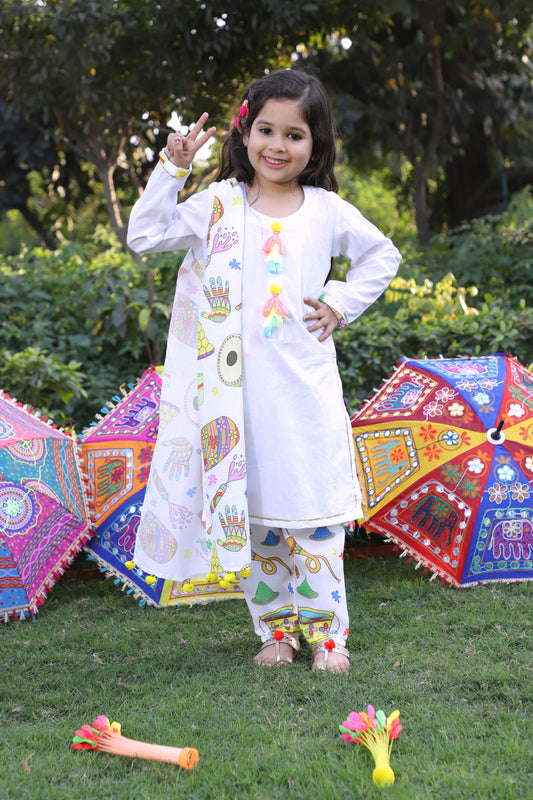 Girls Pure Cotton White Embellished Kurta Set with Printed Pant & Dupatta