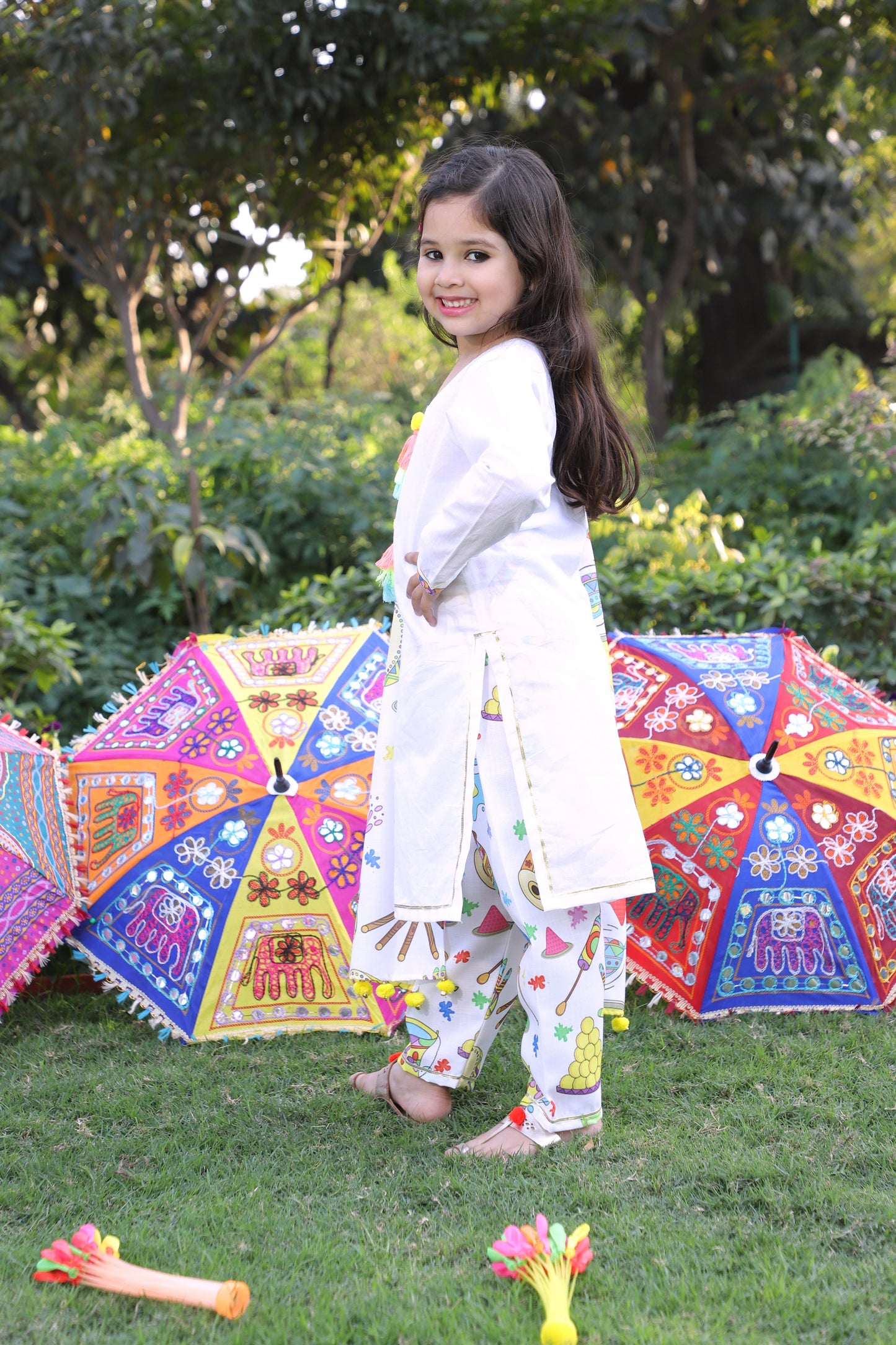 Girls Pure Cotton White Embellished Kurta Set with Printed Pant & Dupatta