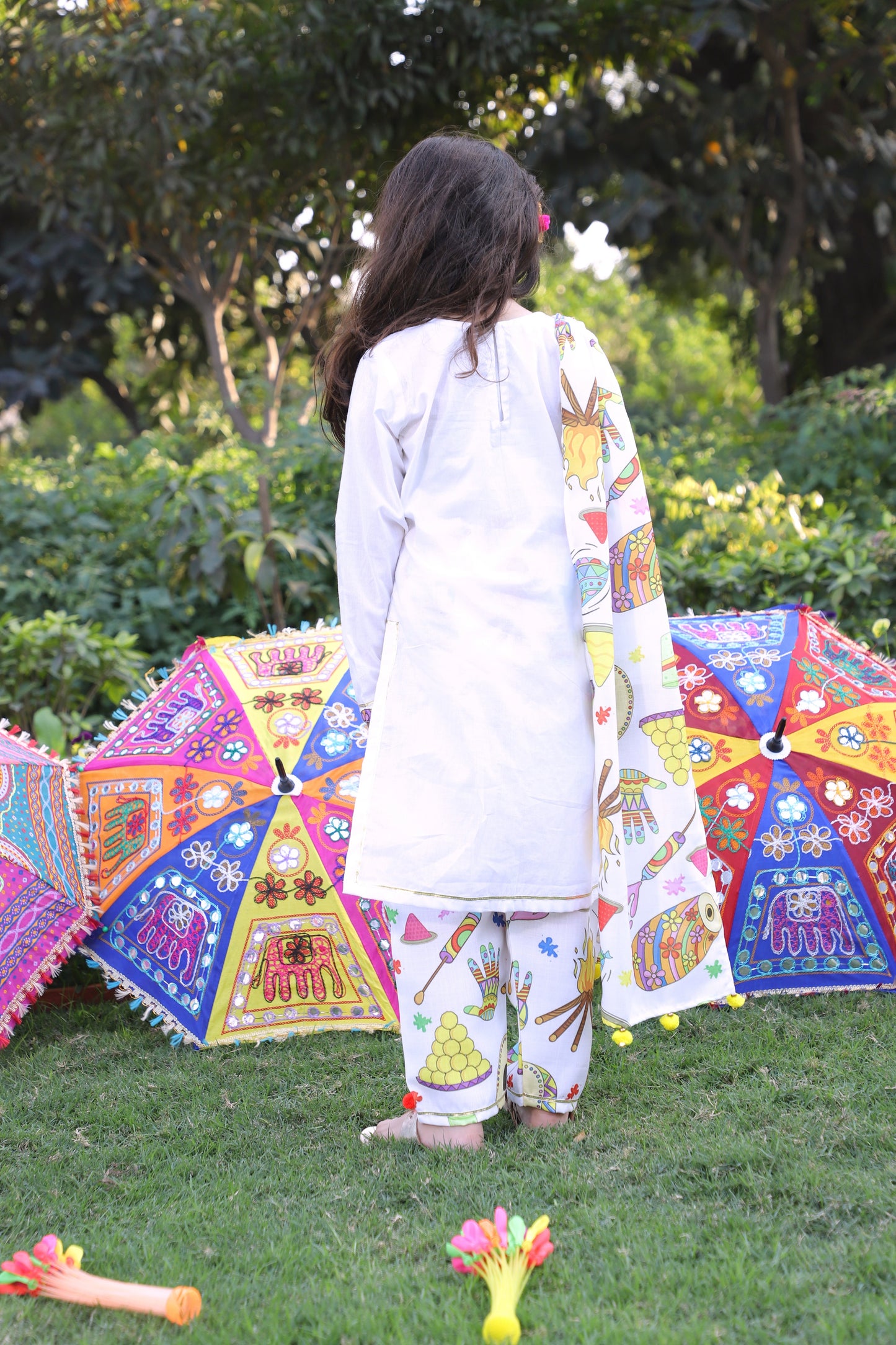 Girls Pure Cotton White Embellished Kurta Set with Printed Pant & Dupatta