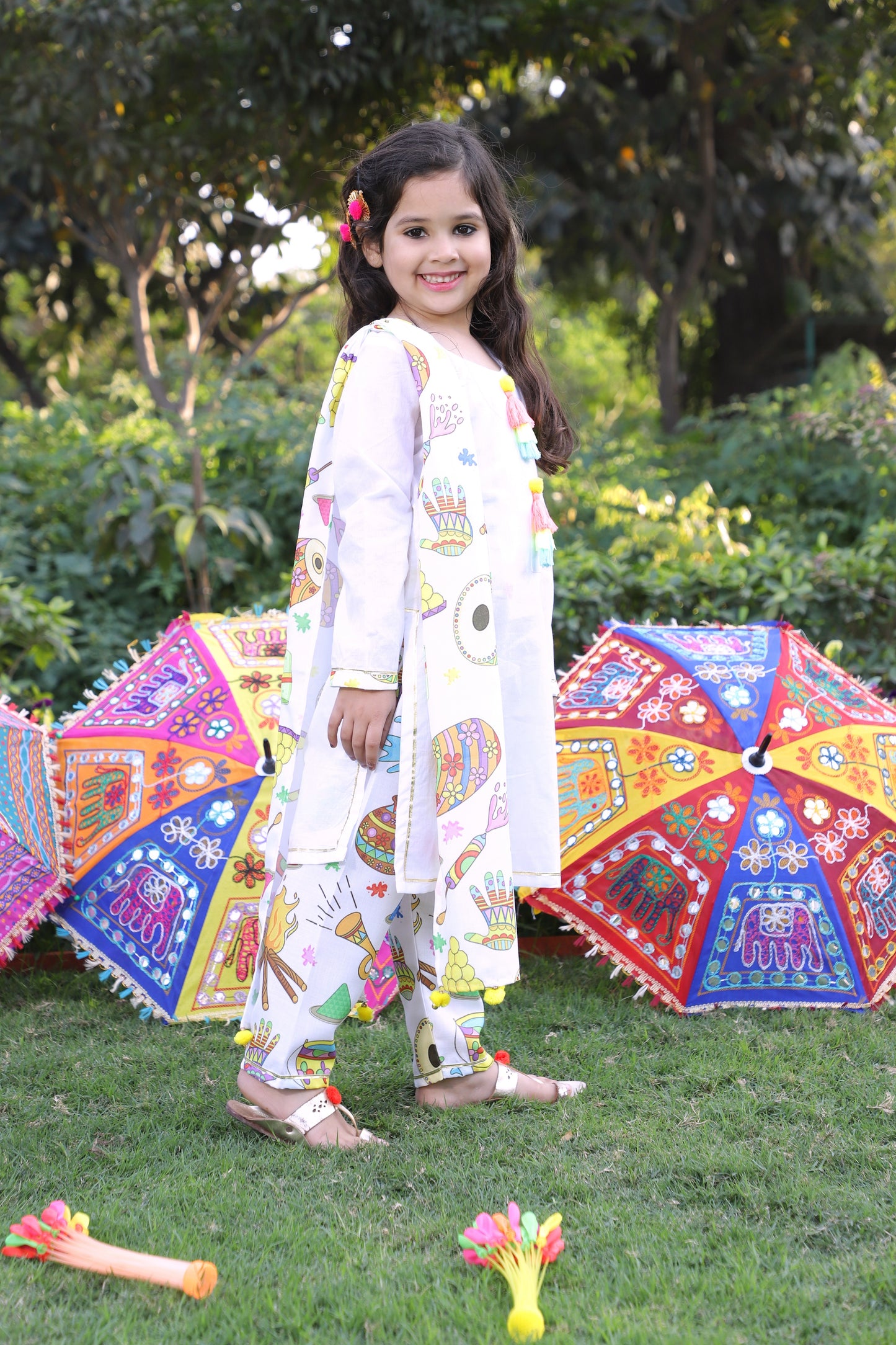 Girls Pure Cotton White Embellished Kurta Set with Printed Pant & Dupatta