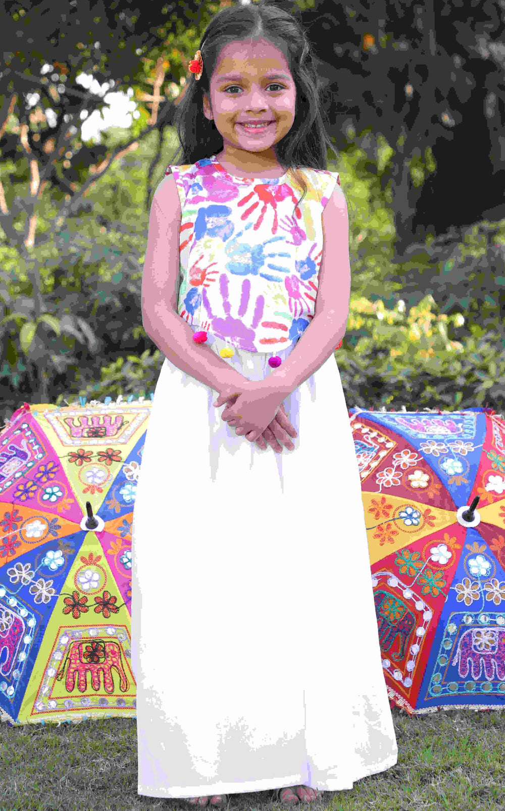 Girls Multi-Color Holi Printed Embellished Crop Top with Gathered Palazzo