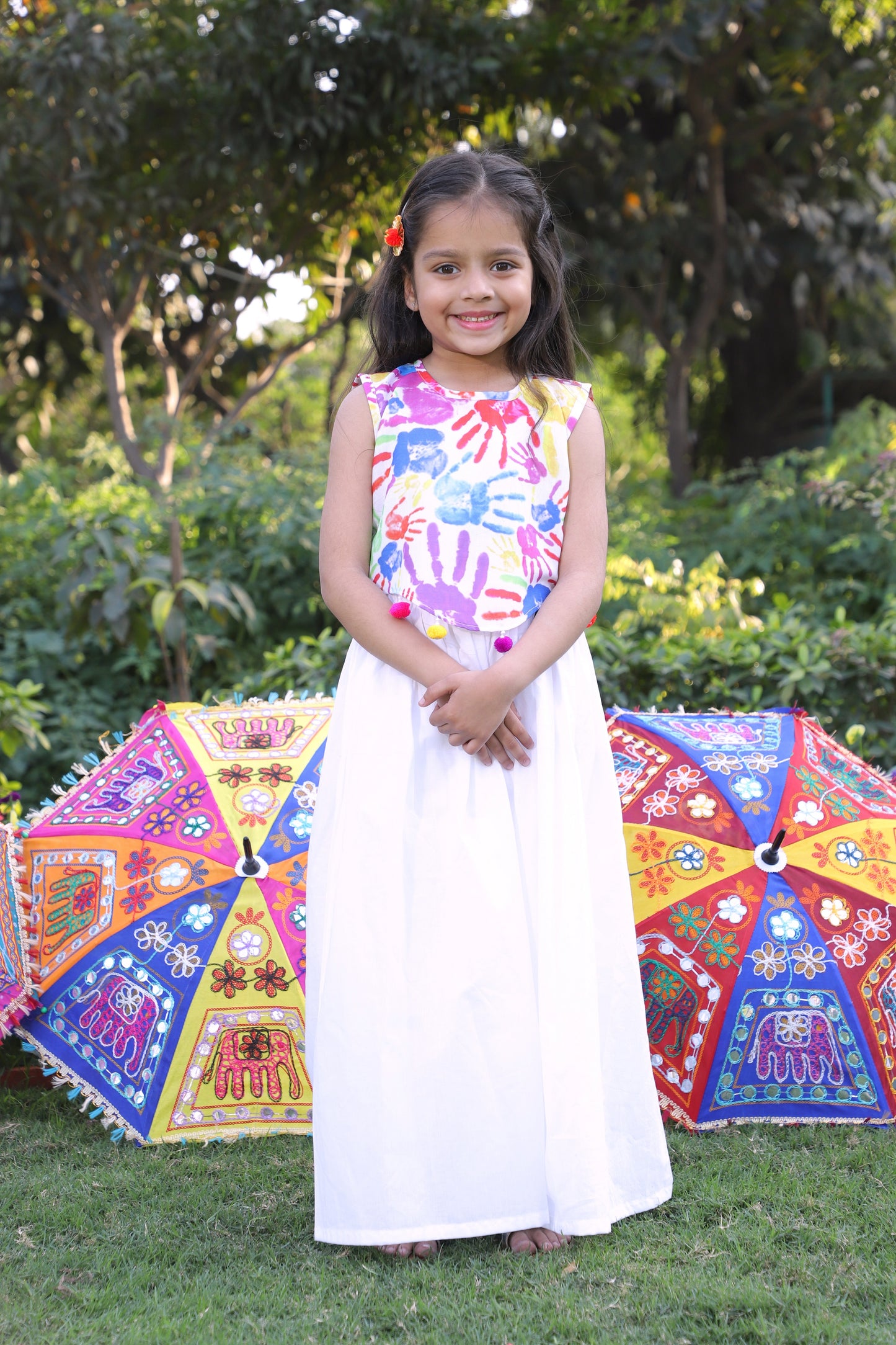 Girls Multi-Color Holi Printed Embellished Crop Top with Gathered Palazzo