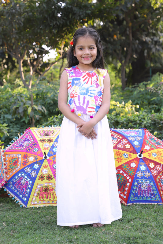 Girls Multi-Color Holi Printed Embellished Crop Top with Gathered Palazzo