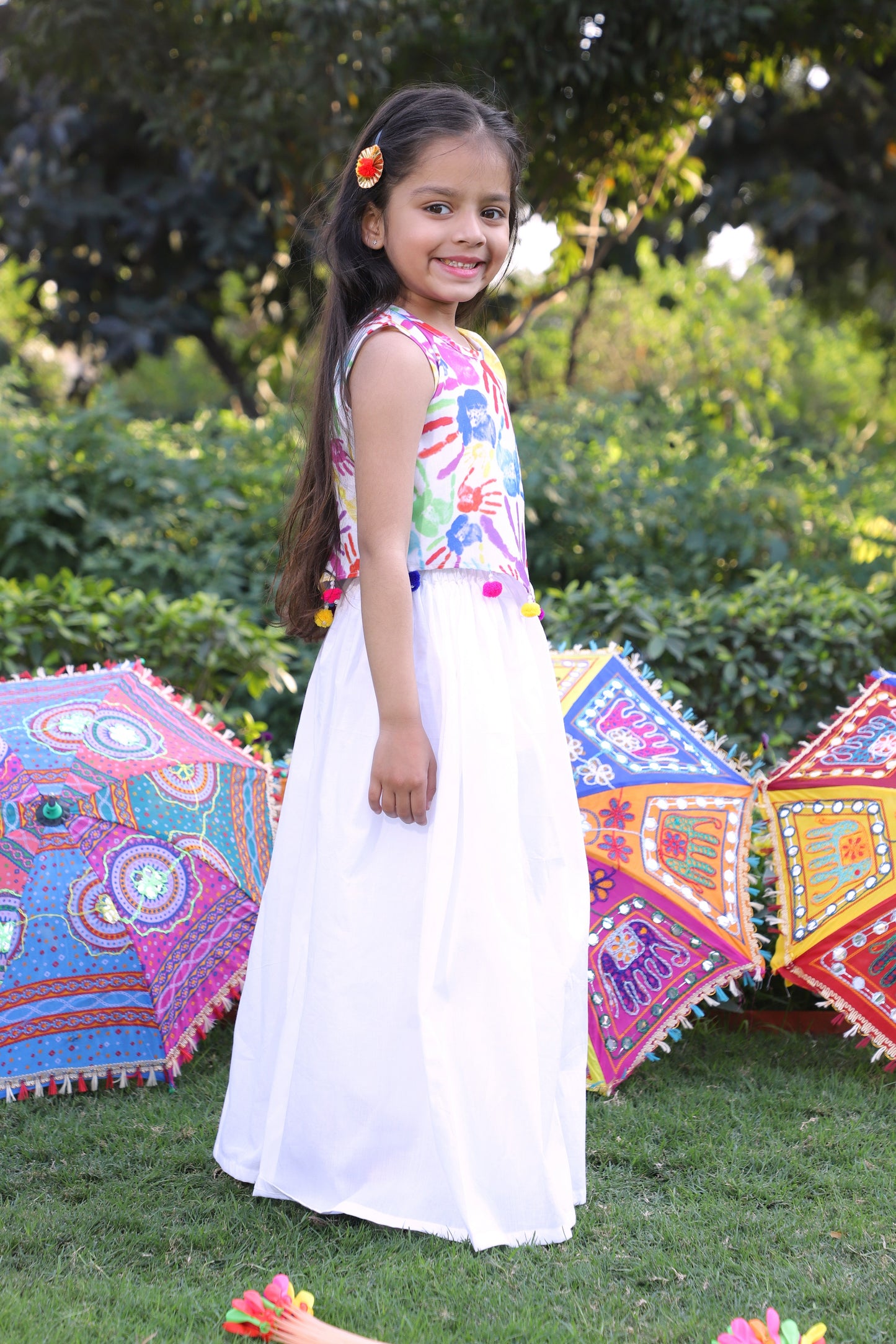 Girls Multi-Color Holi Printed Embellished Crop Top with Gathered Palazzo
