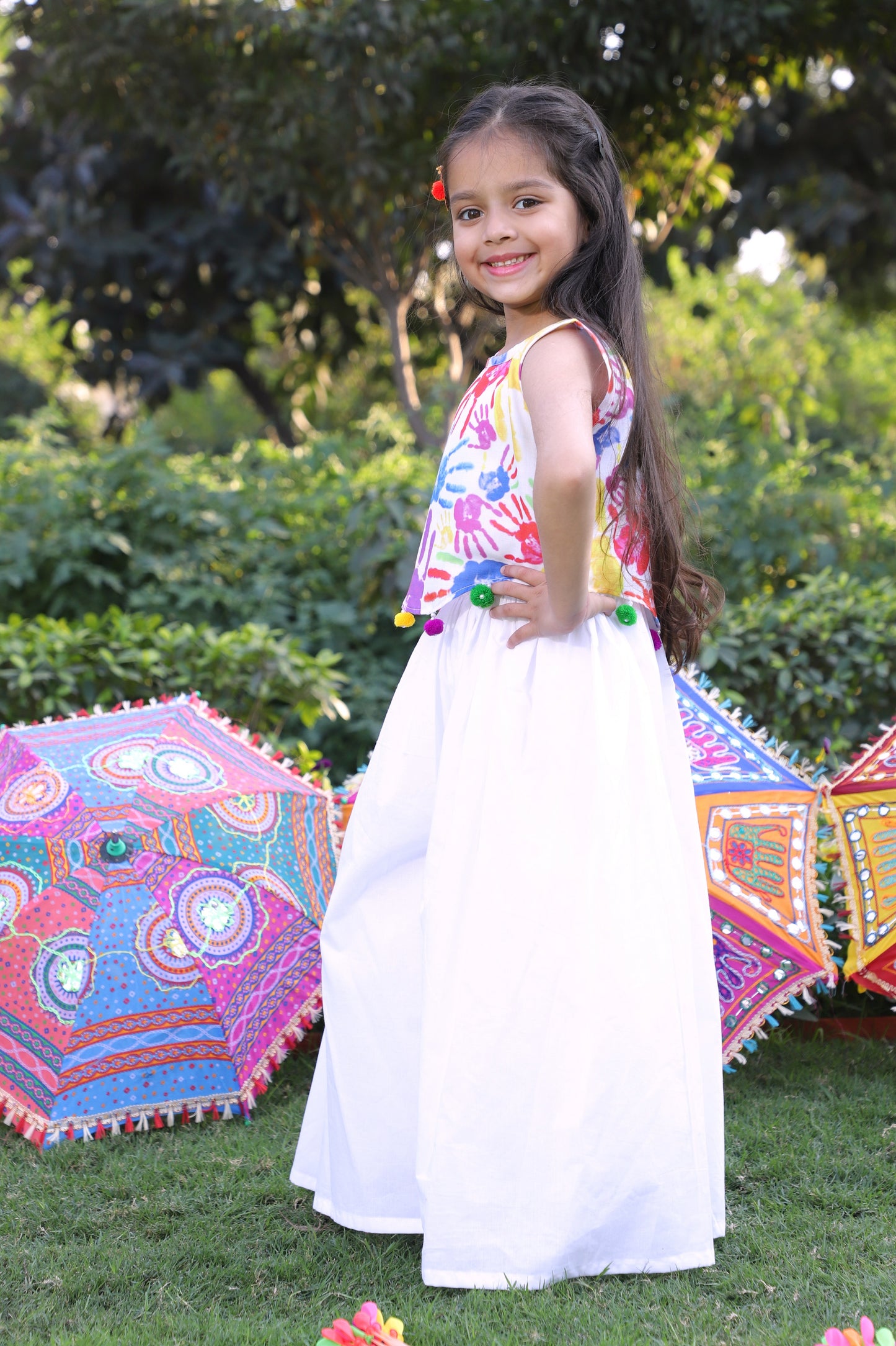 Girls Multi-Color Holi Printed Embellished Crop Top with Gathered Palazzo