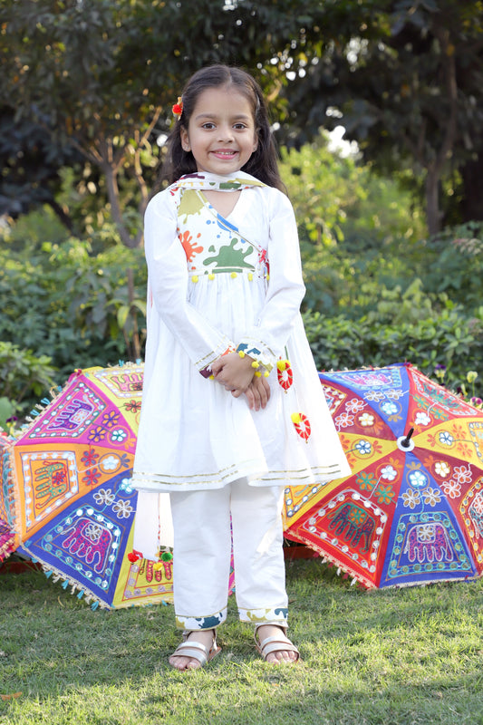 Girls Multi-Color Splash Printed Angrakha Kurta with Pant and Dupatta
