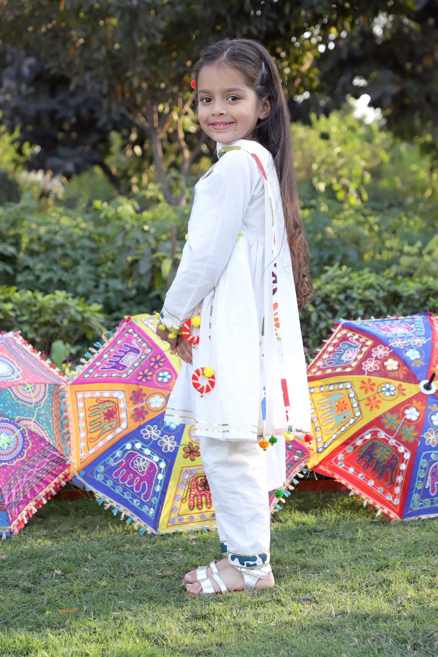Girls Multi-Color Splash Printed Angrakha Kurta with Pant and Dupatta