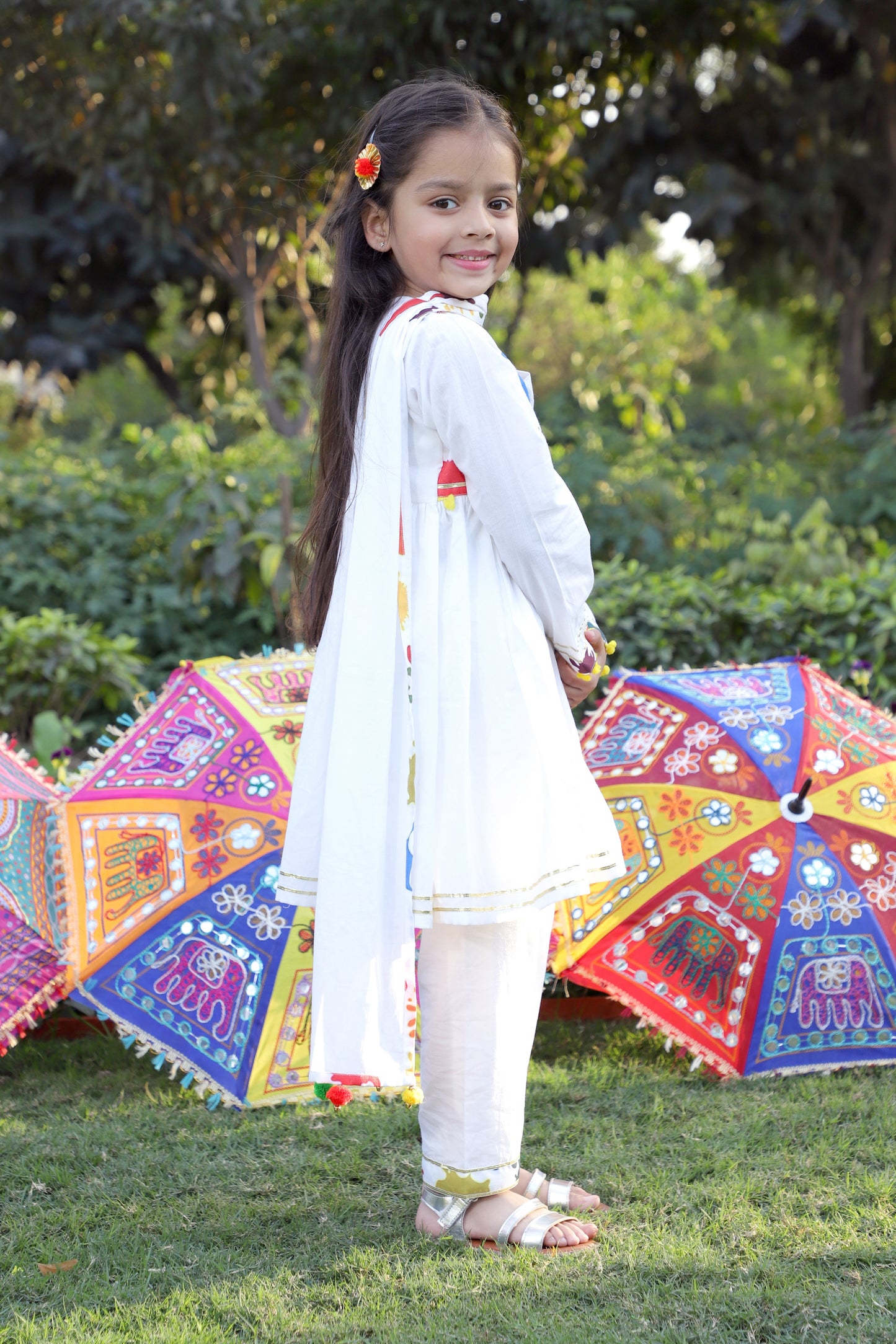Girls Multi-Color Splash Printed Angrakha Kurta with Pant and Dupatta