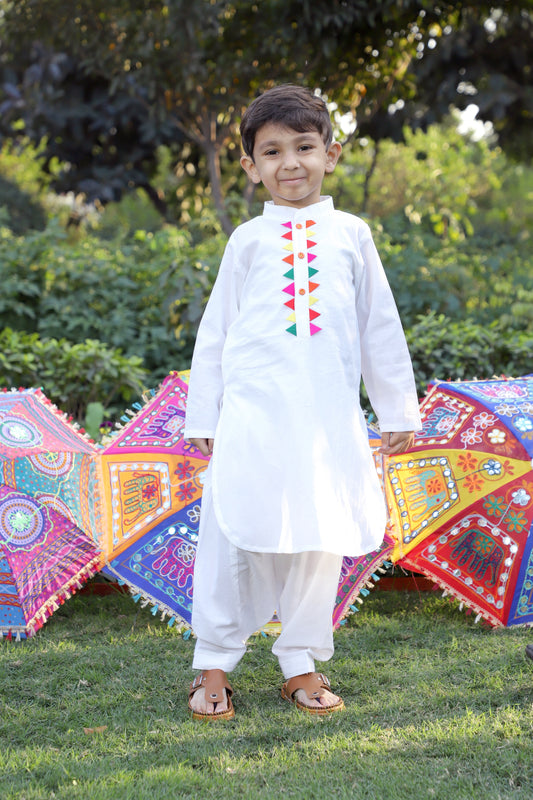 Boys Pure Cotton White Embellished Pathani Kurta Set