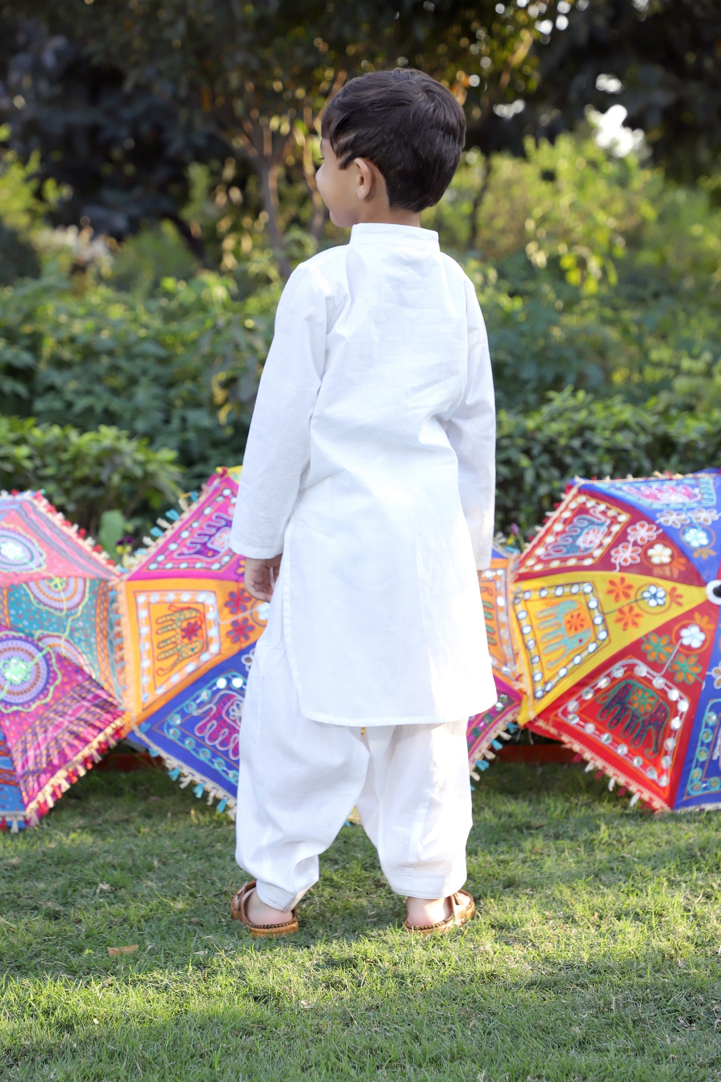 Boys Pure Cotton White Embellished Pathani Kurta Set