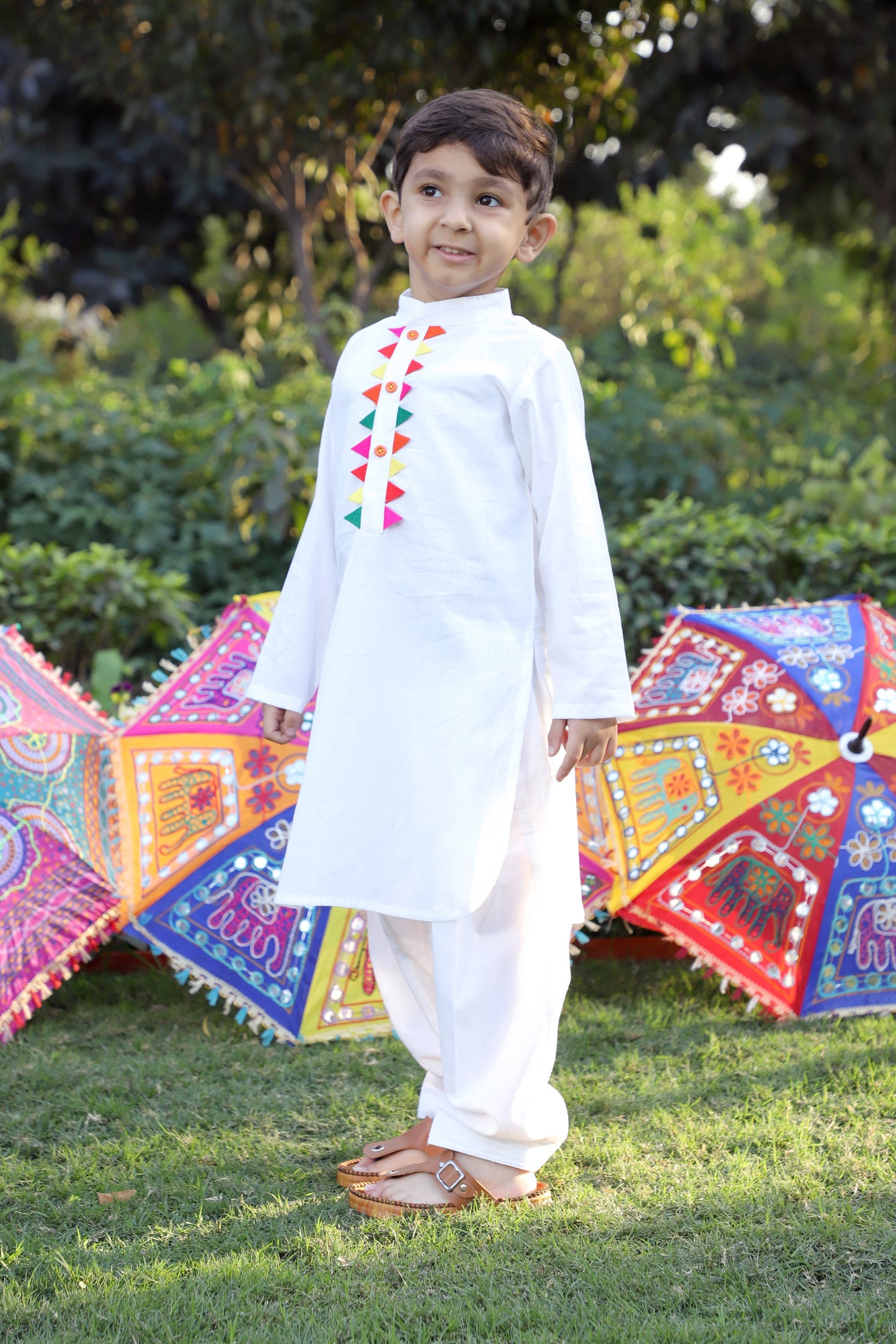 Boys Pure Cotton White Embellished Pathani Kurta Set