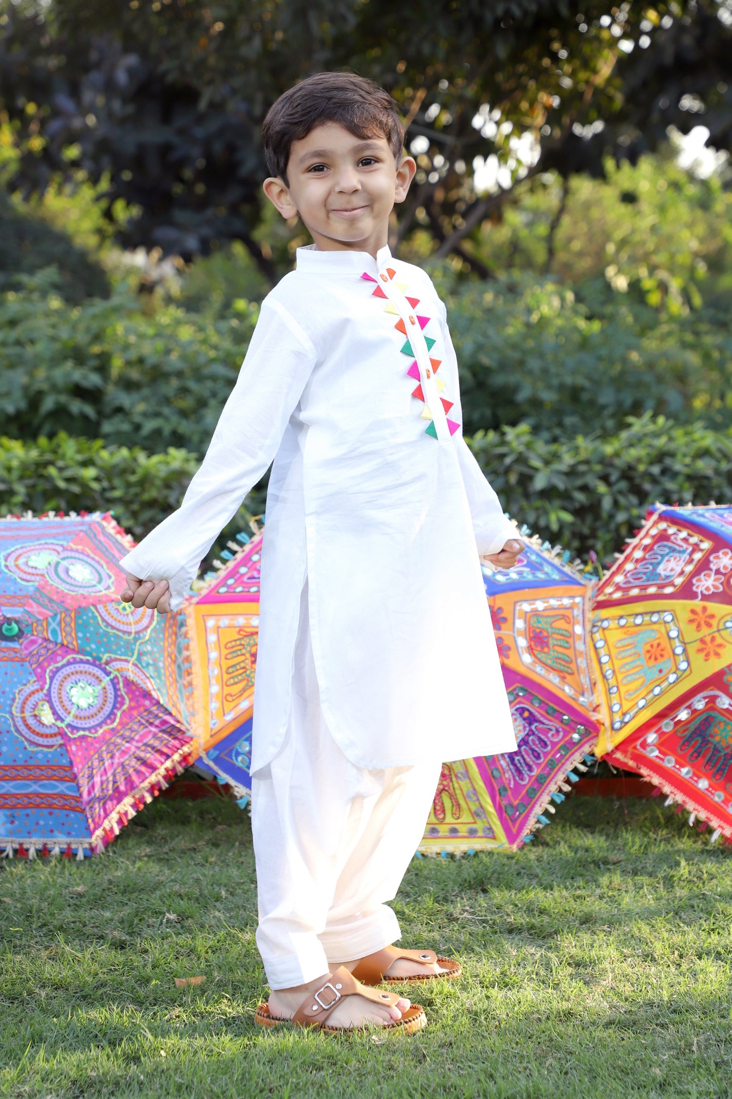 Boys Pure Cotton White Embellished Pathani Kurta Set
