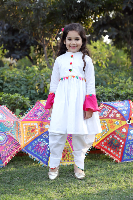 Girls White Embellished Gathered Kurta with Dhoti