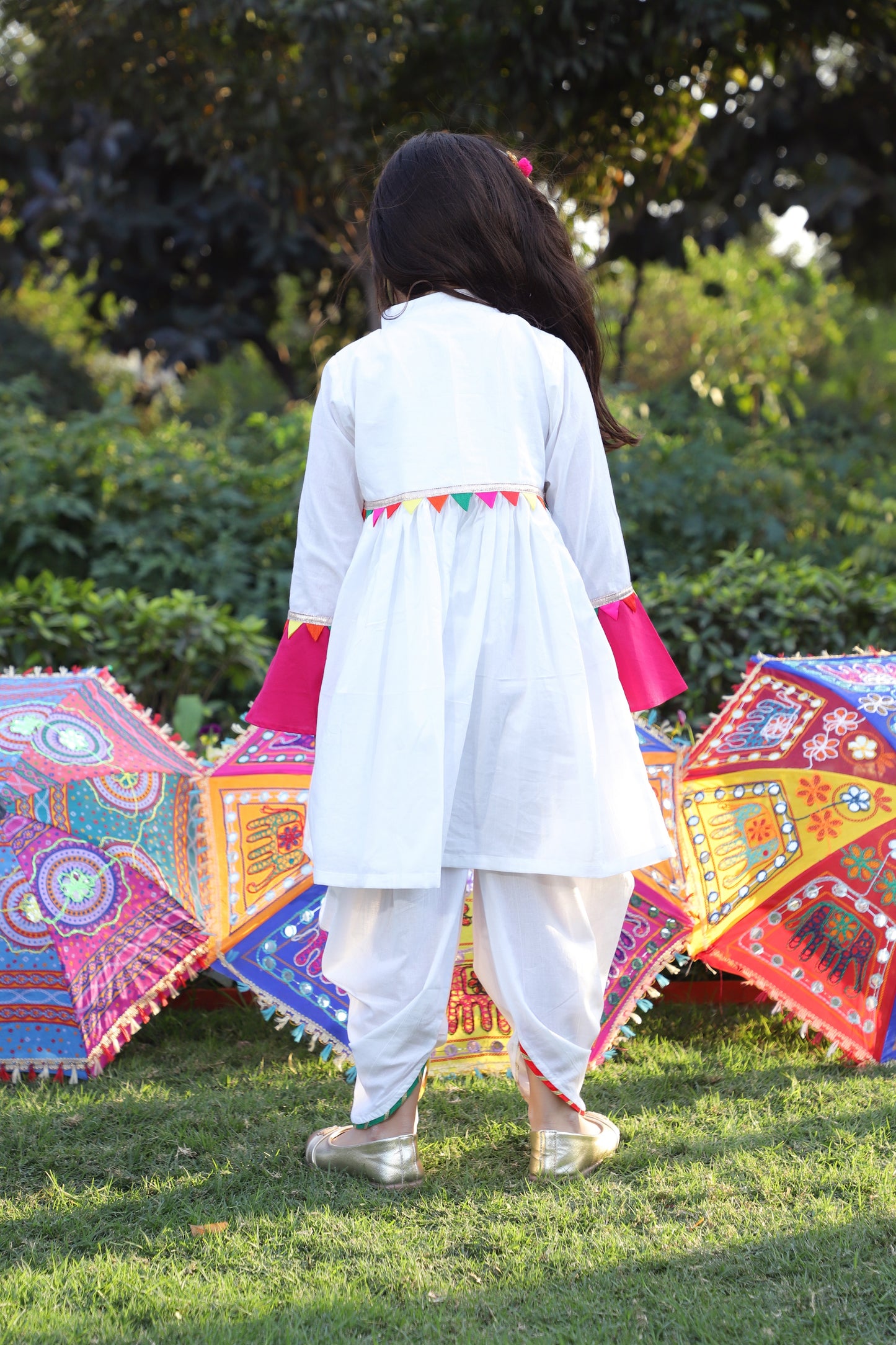 Girls White Embellished Gathered Kurta with Dhoti