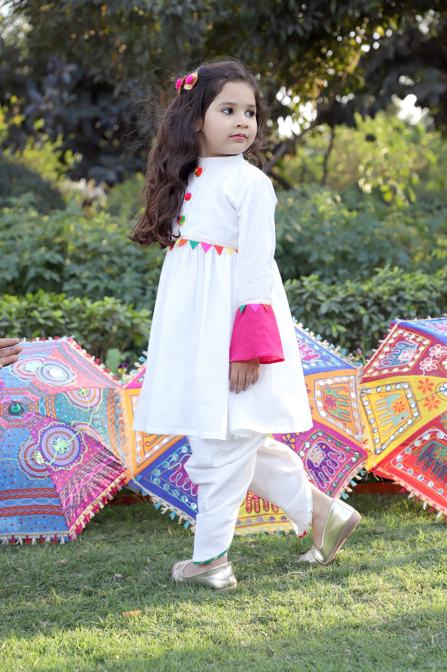 Girls White Embellished Gathered Kurta with Dhoti