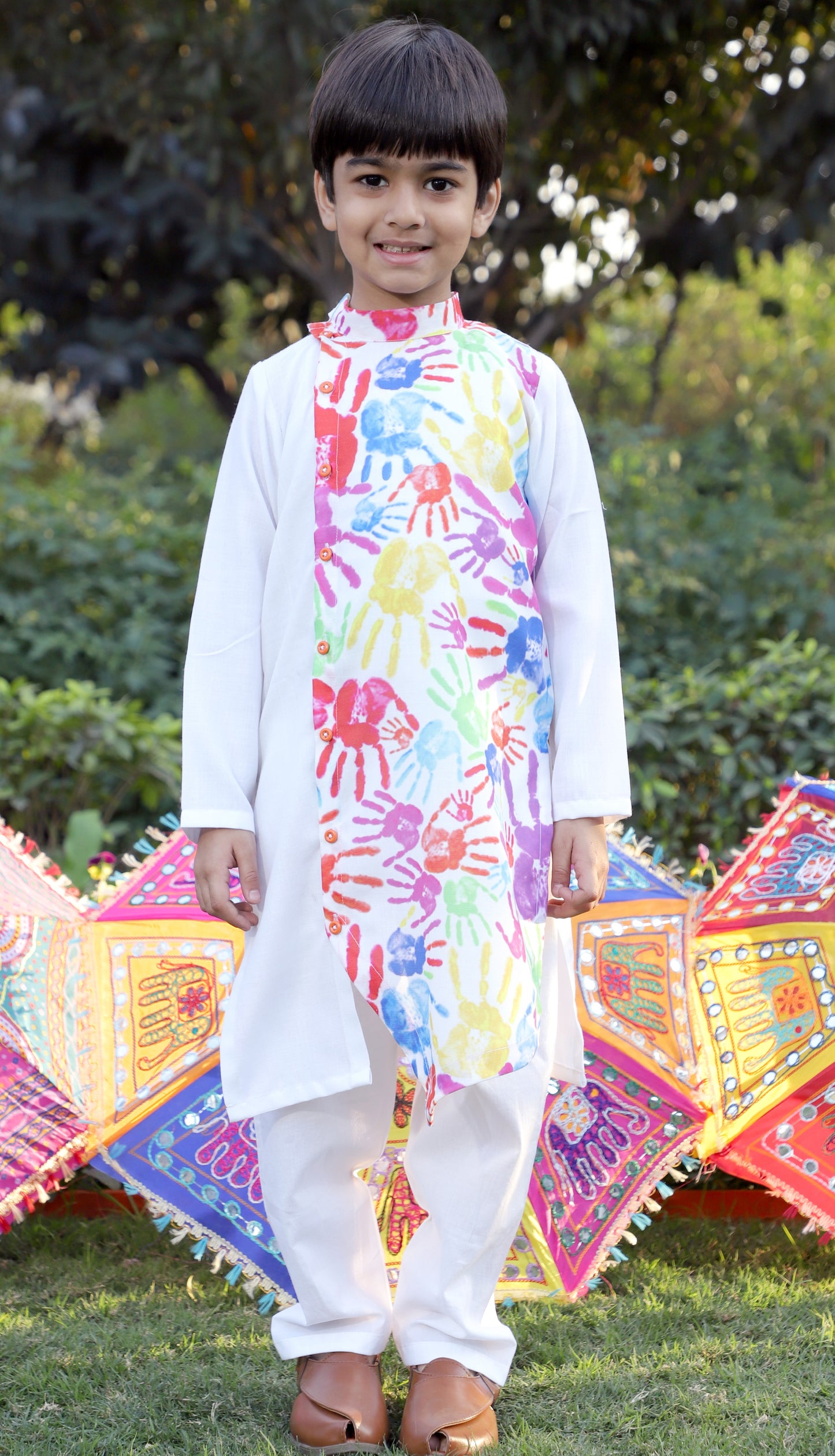 Boys Pure Cotton Multi-Colored Holi Print Asymmetric Kurta Set