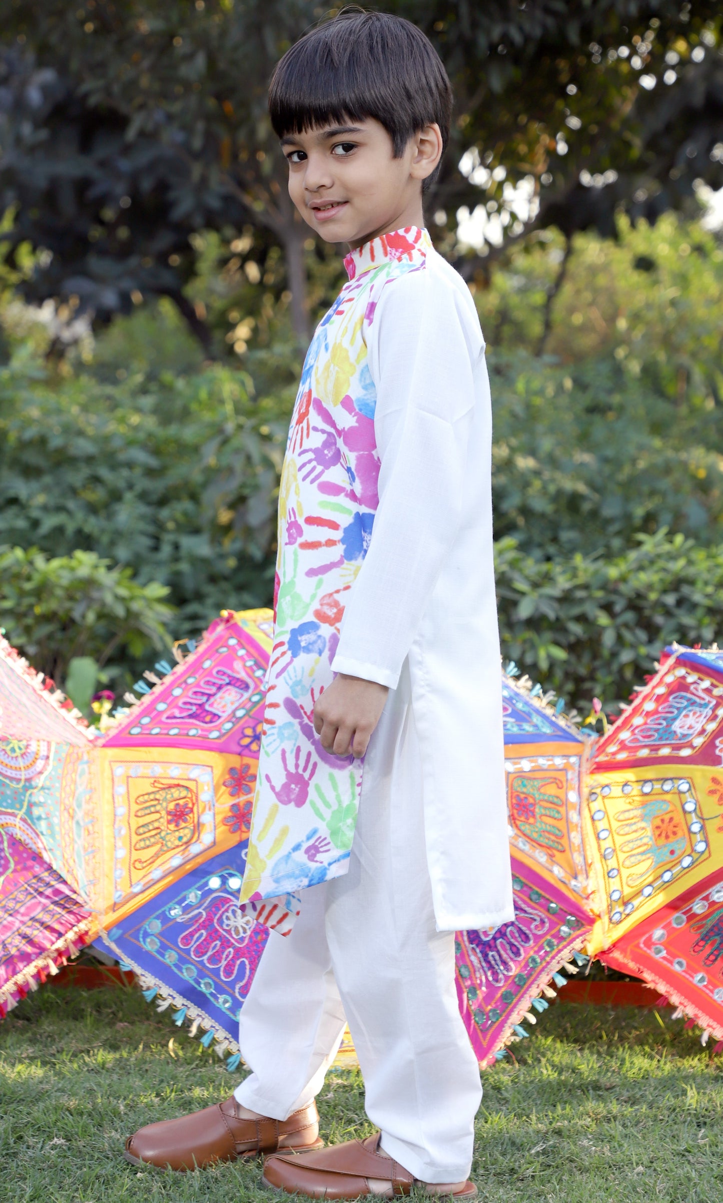 Boys Pure Cotton Multi-Colored Holi Print Asymmetric Kurta Set