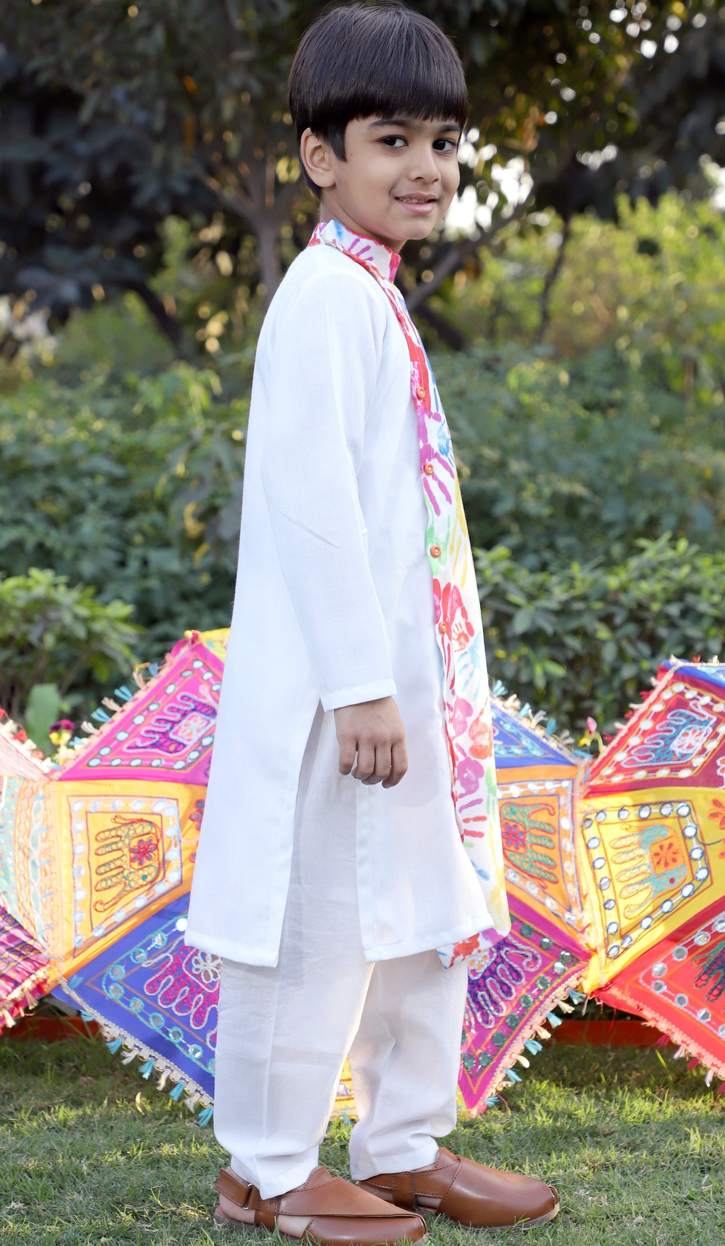 Boys Pure Cotton Multi-Colored Holi Print Asymmetric Kurta Set