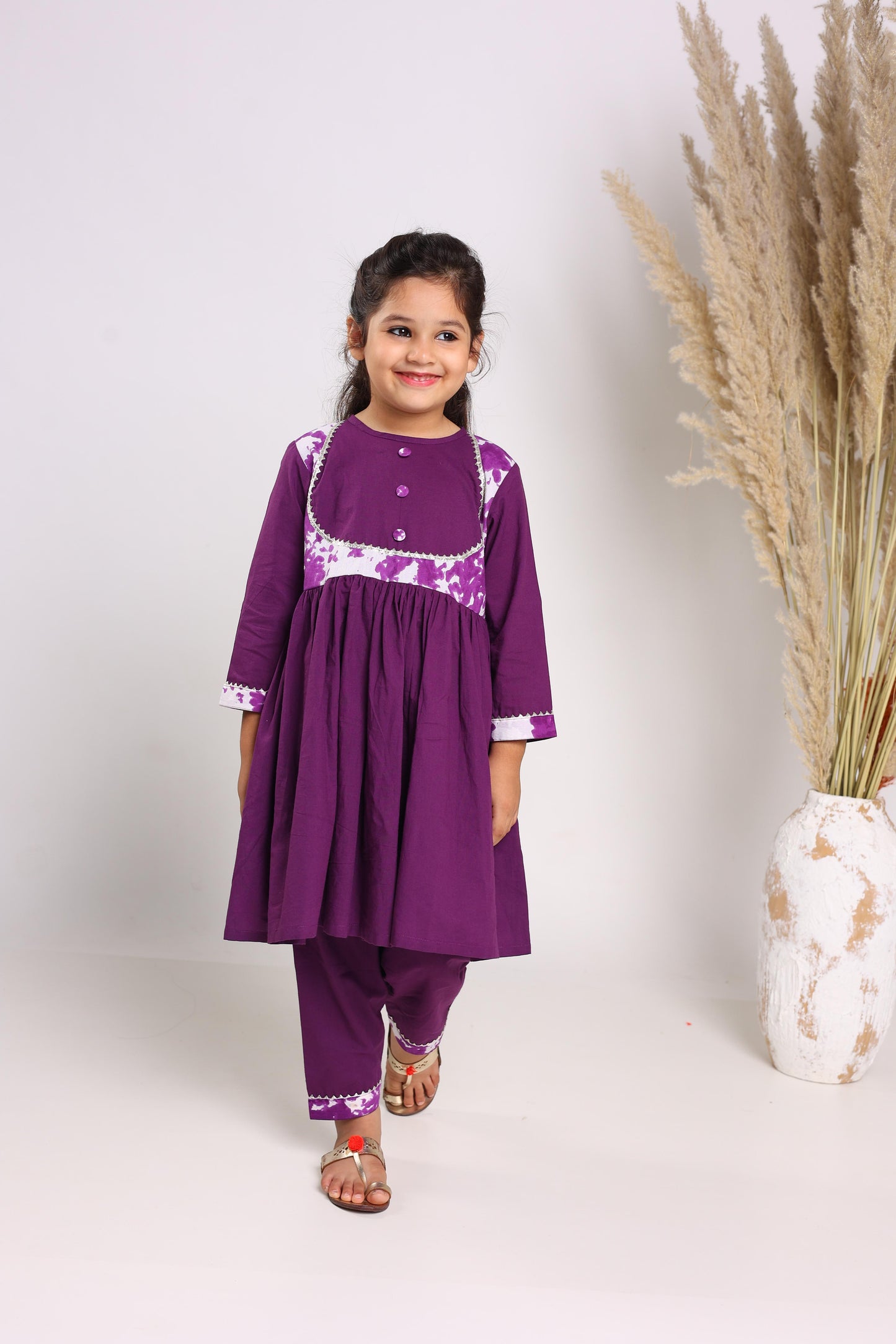 Purple Pure Cotton Three Quarter Sleeves Solid Knee Length Kurta Sets For Girls